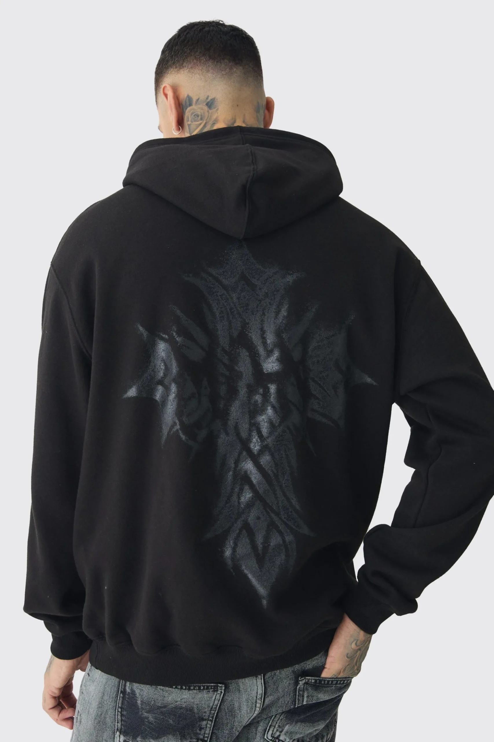 Tall Oversized Worldwide Gothic Cross Print Hoodie | BoohooMAN UK