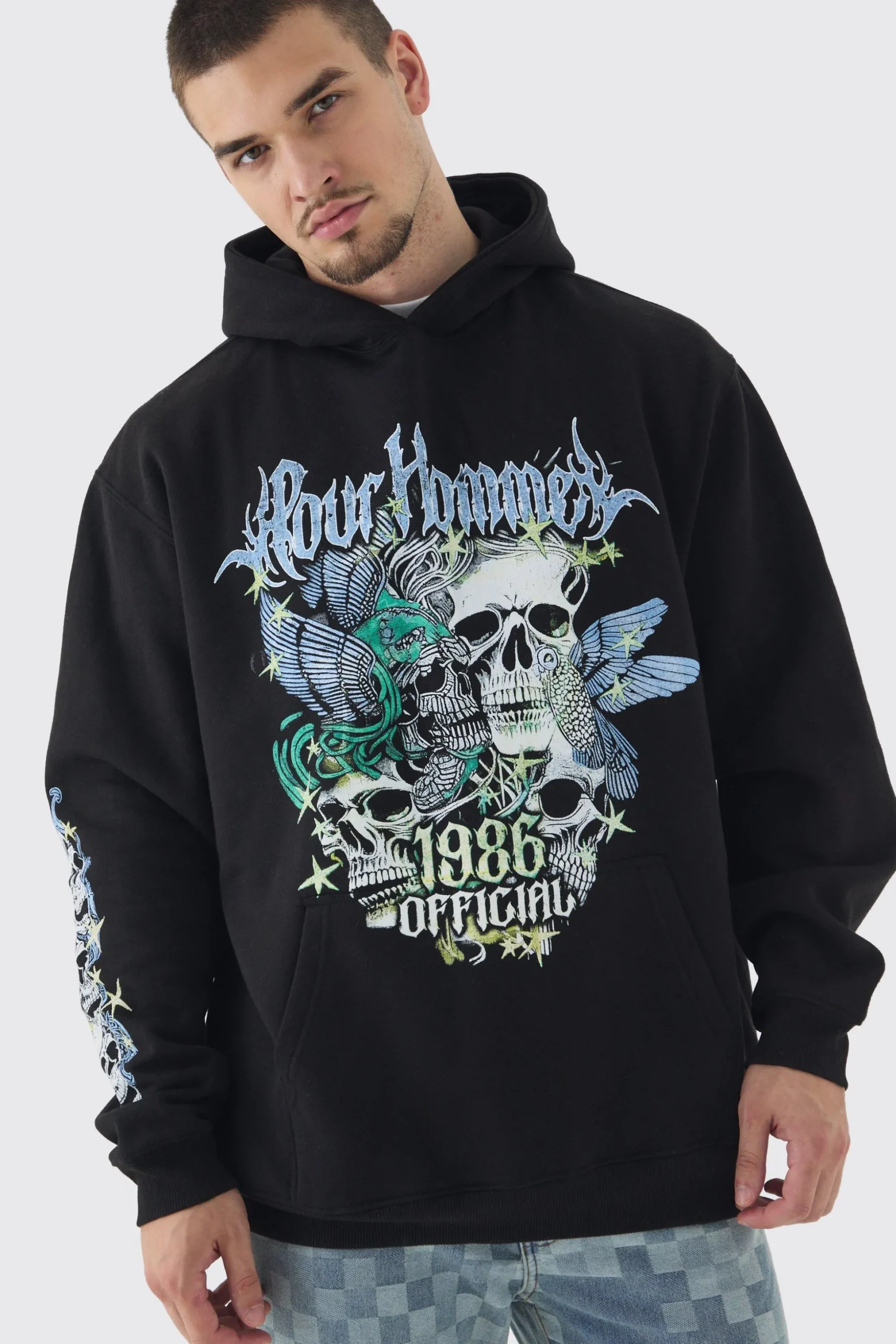Tall Pour Homme Butterfly Print Oversized Hoodie In Black | BoohooMAN UK