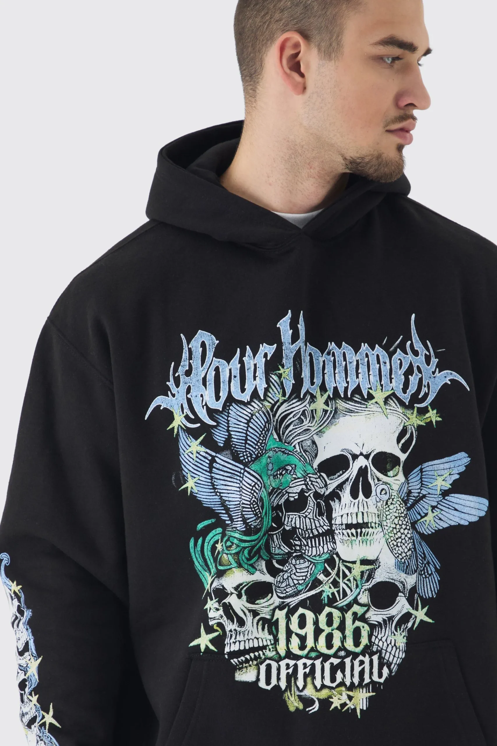 Tall Pour Homme Butterfly Print Oversized Hoodie In Black | BoohooMAN UK