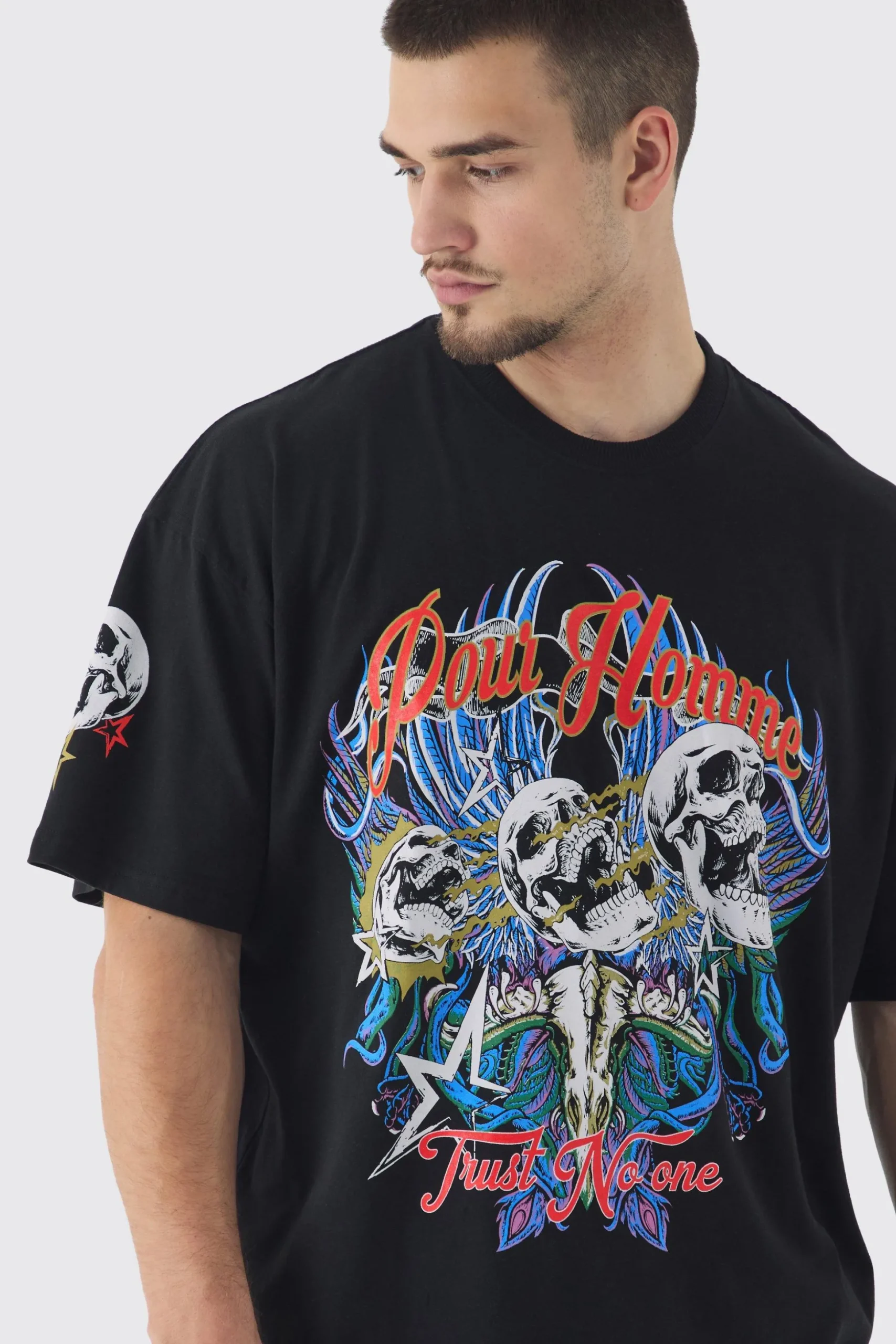 Tall Pour Homme Skull Print Oversized T-shirt In Black | BoohooMAN UK