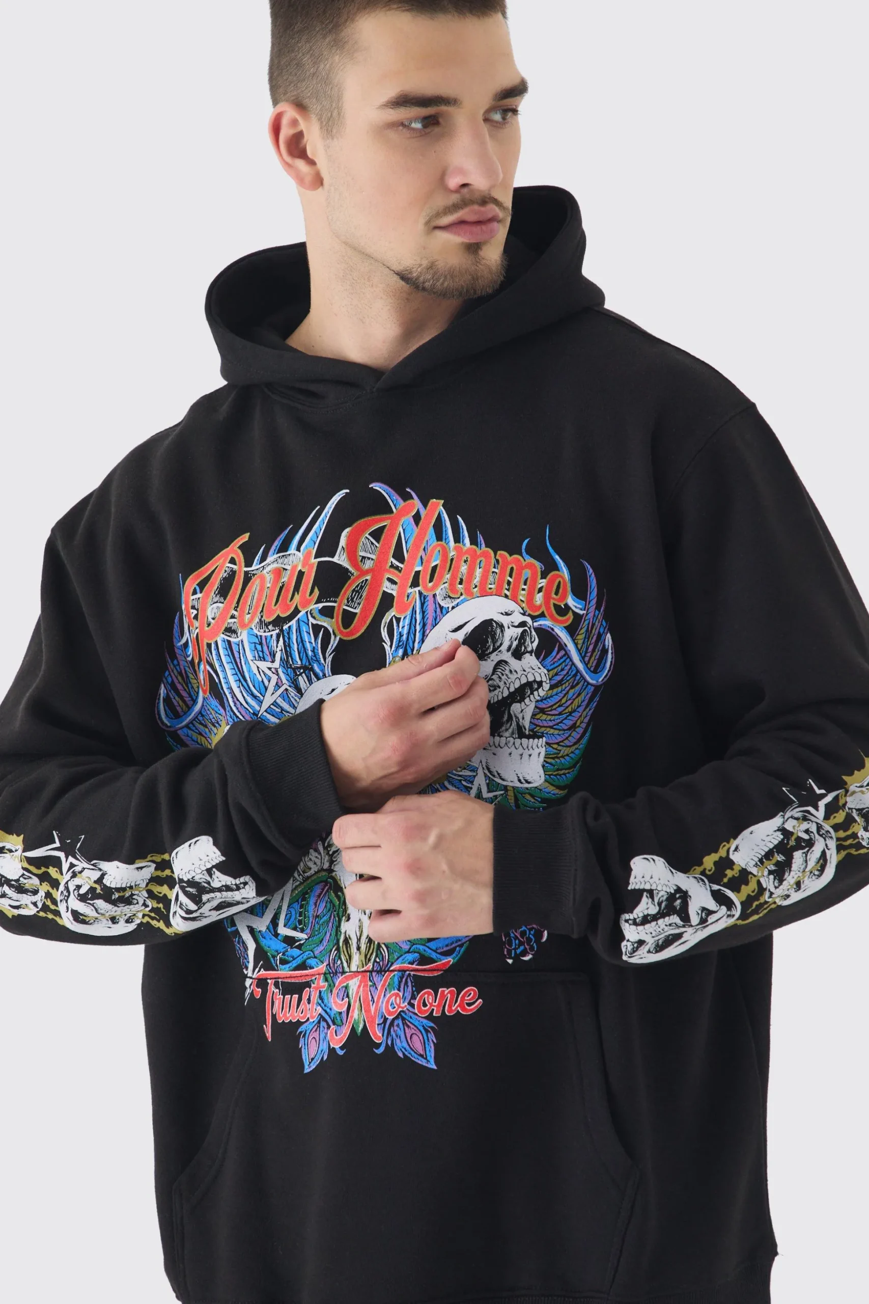 Tall Pour Homme Skull Print Oversized Hoodie In Black | BoohooMAN UK