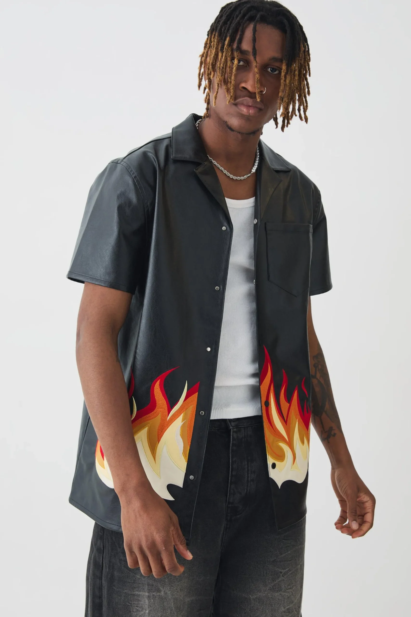Tall PU Flame Embroidery Shirt | BoohooMAN UK
