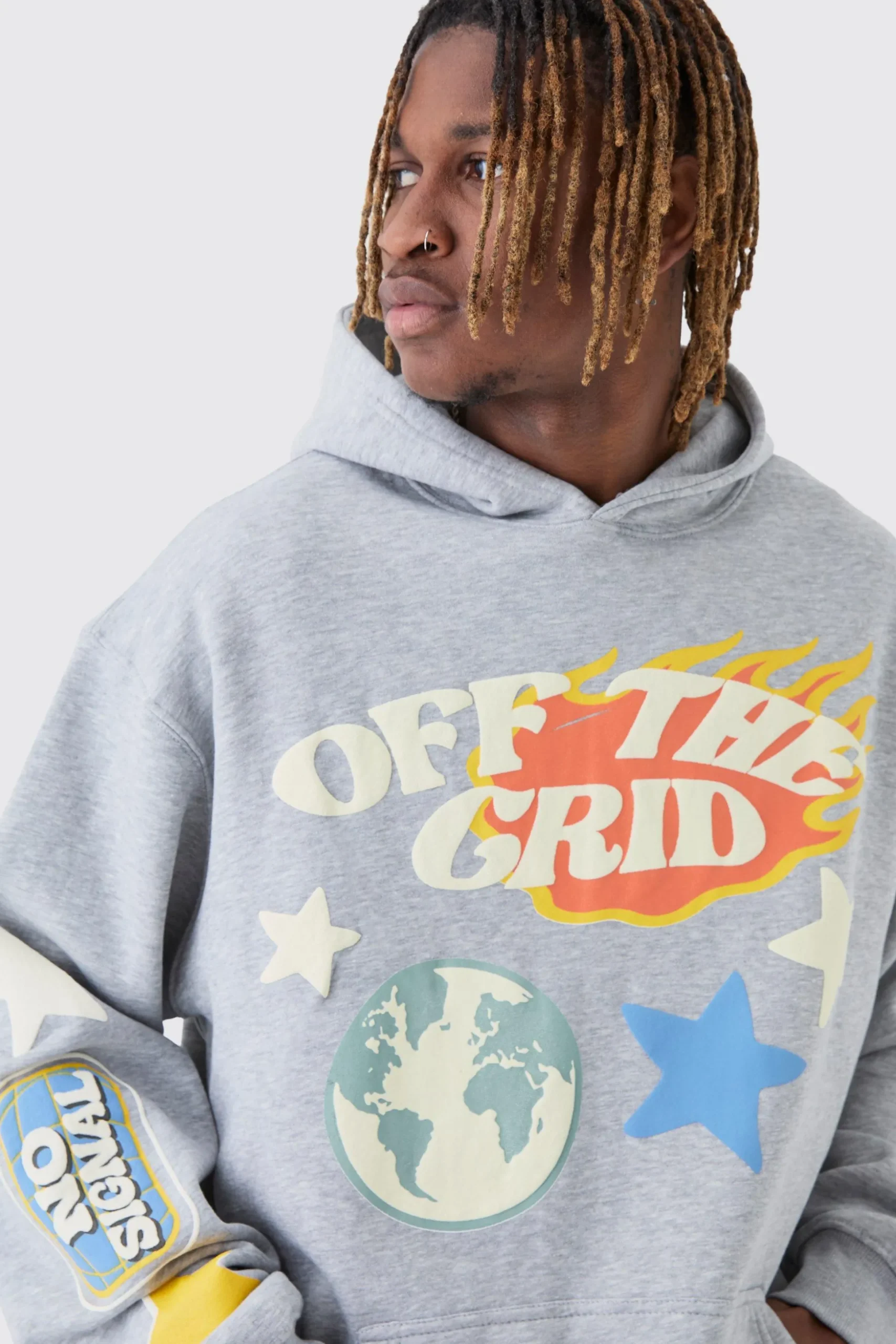 Tall Puff Print Off The Grid Overdyed Hoodie | BoohooMAN UK