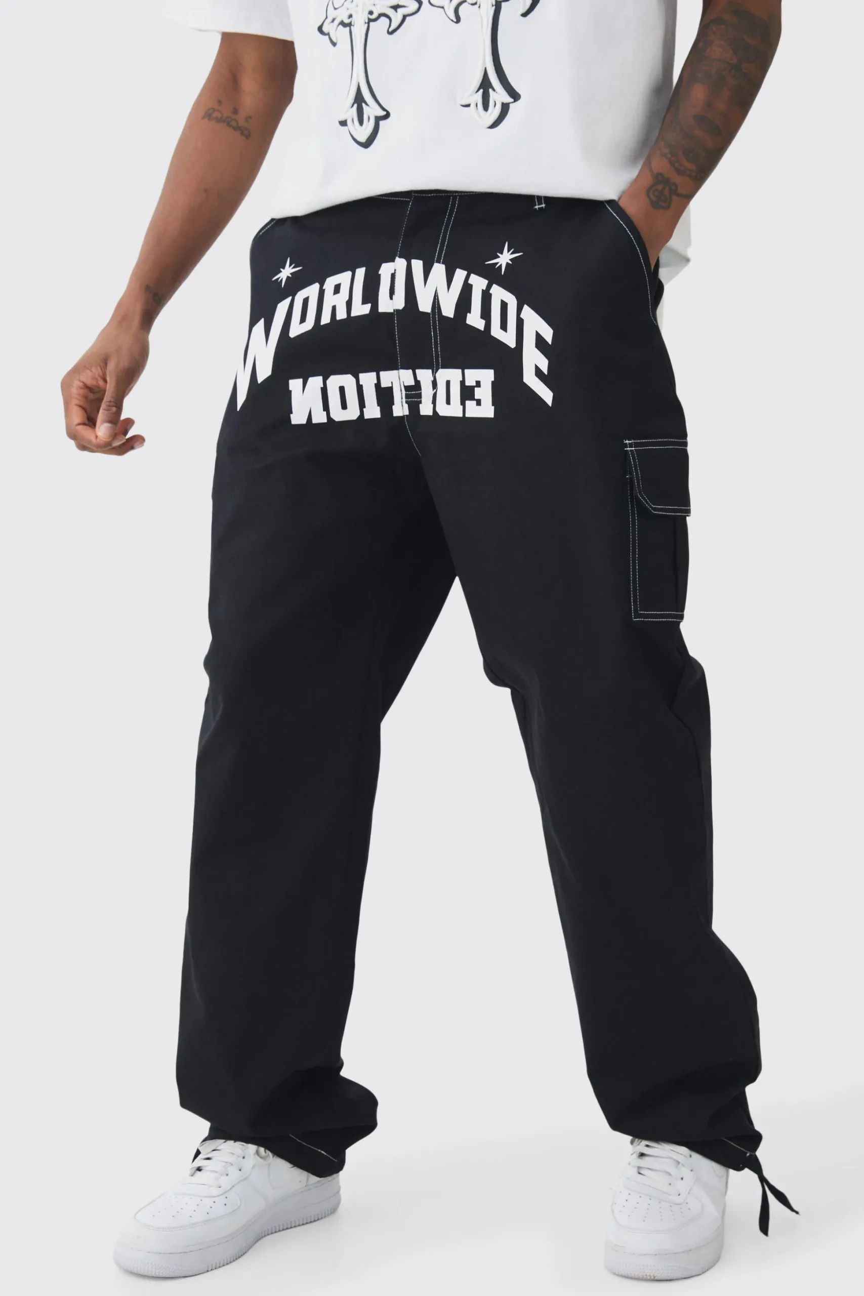 Tall Relaxed Cargo Worldwide Print Trouser | BoohooMAN UK