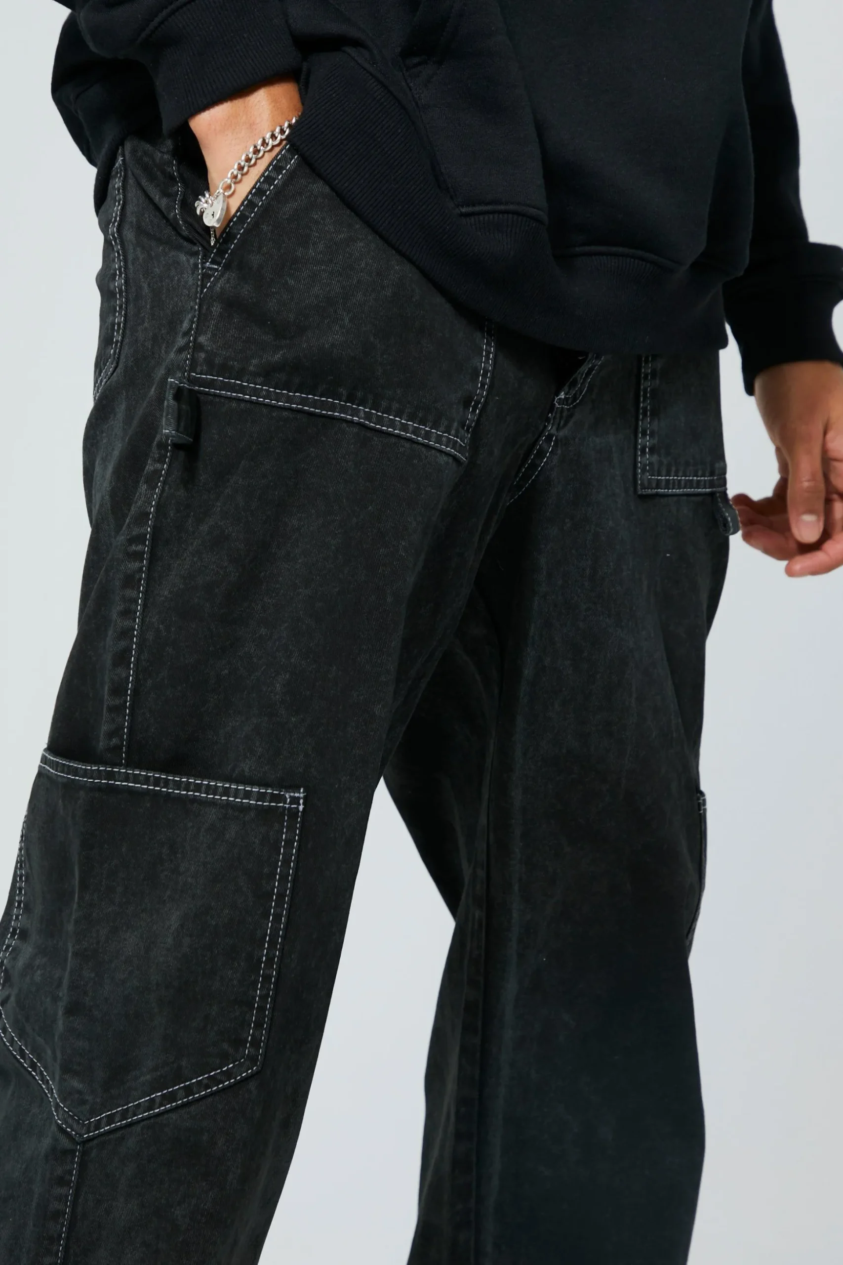 Tall Relaxed Fit Washed Carpenter Cargo Trouser | BoohooMAN UK