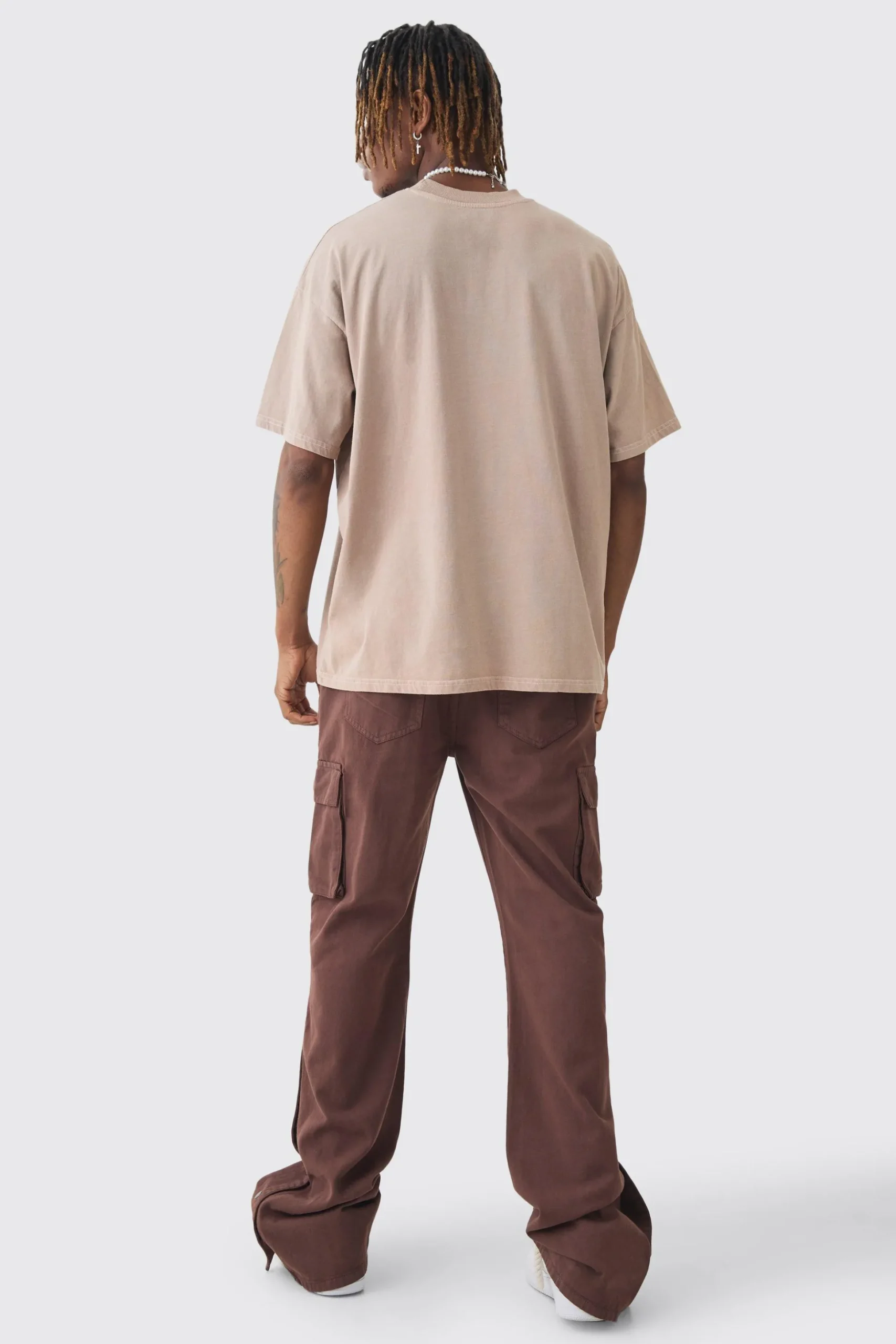 Tall Relaxed Flare Overdye Popper Hem Cargo Trouser In Chocolate | BoohooMAN UK