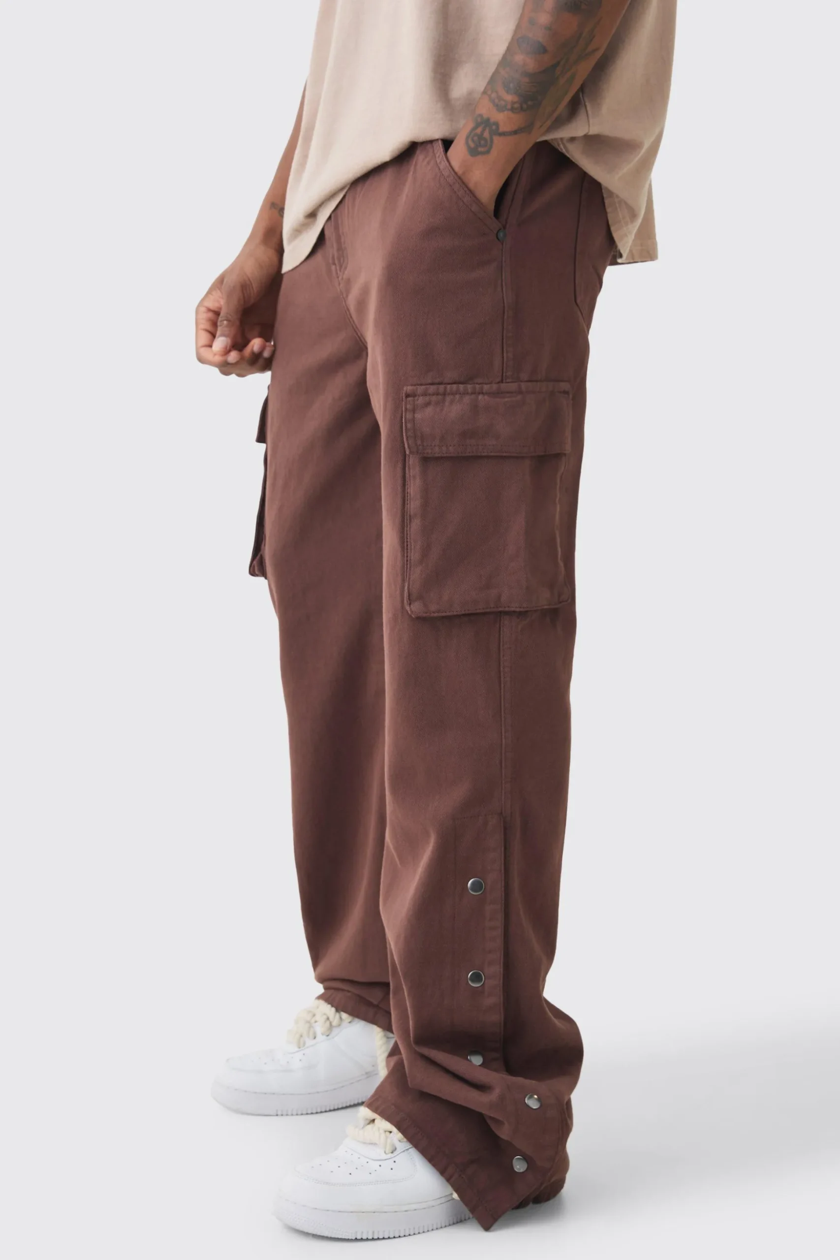 Tall Relaxed Flare Overdye Popper Hem Cargo Trouser In Chocolate | BoohooMAN UK