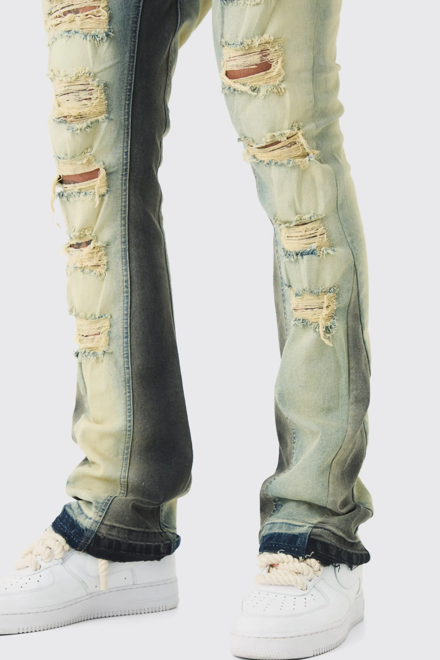 Tall Ripped Gusset Detail Stretch Skinny Flared Jeans | BoohooMAN UK