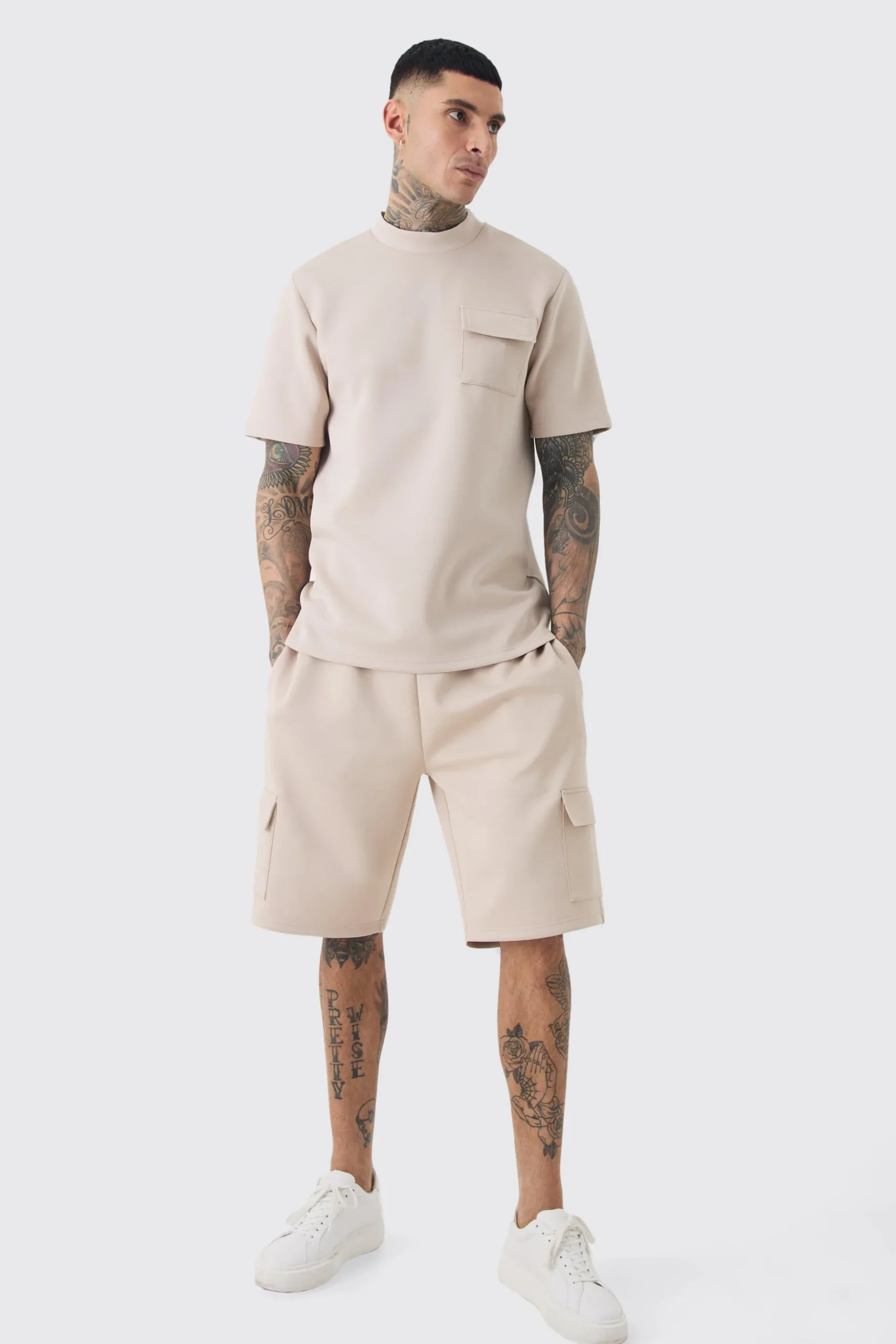 Tall Scuba Extended Neck Pocket T-shirt & Cargo Short Set | BoohooMAN UK