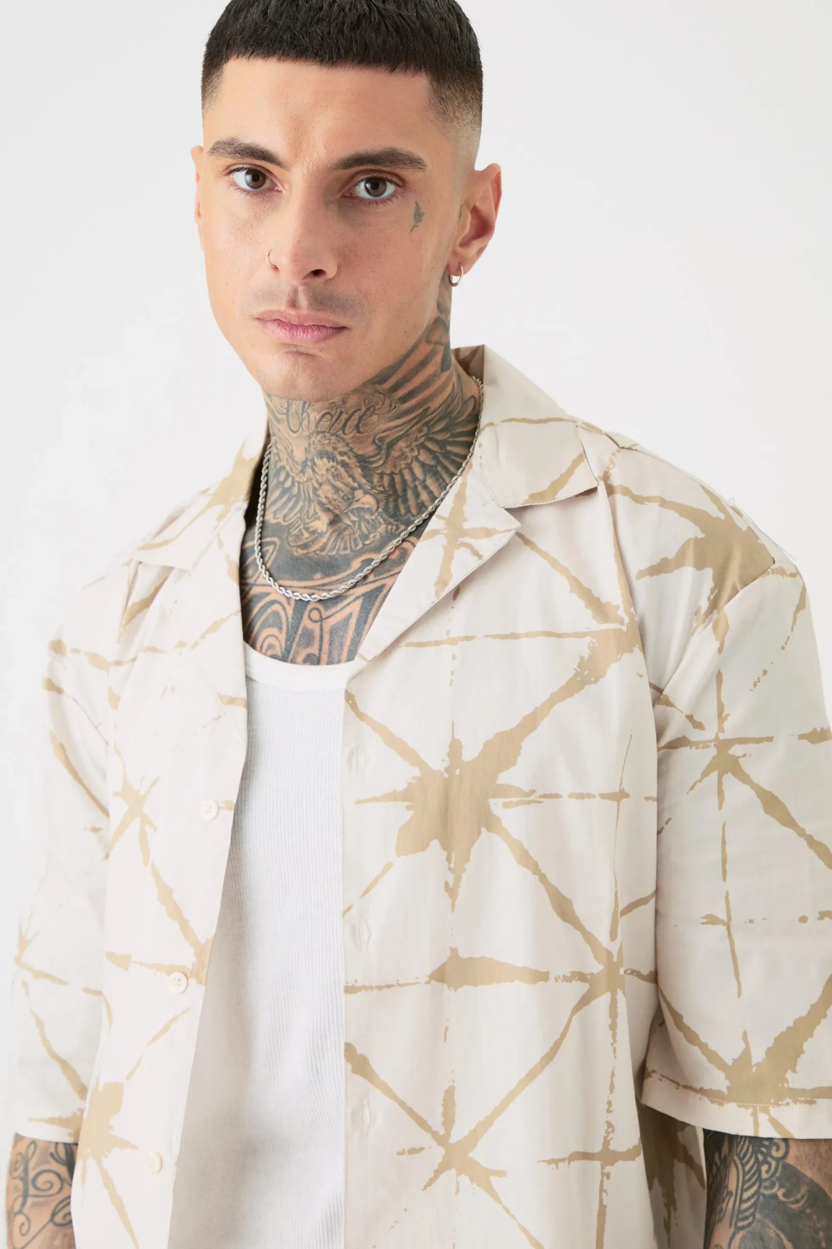 Tall Short Sleeve Drop Revere Abstract Poplin Print Shirt | BoohooMAN UK