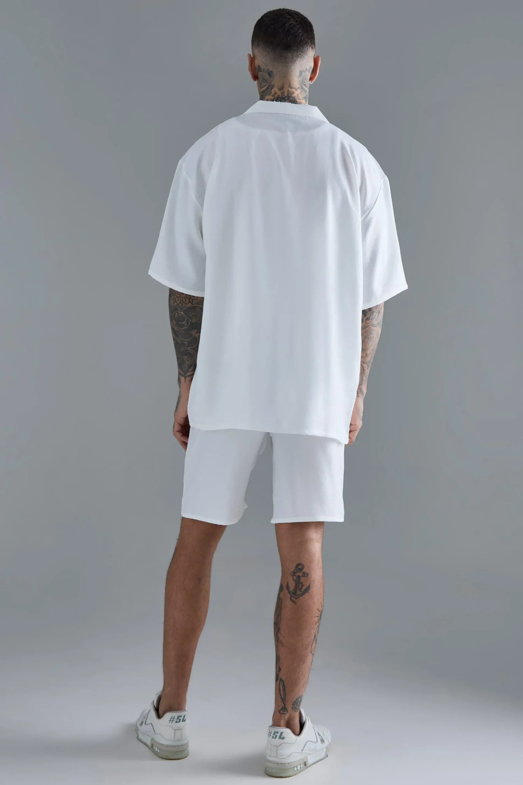Tall Short Sleeve Drop Revere Linen Shirt & Short Set In White | BoohooMAN UK