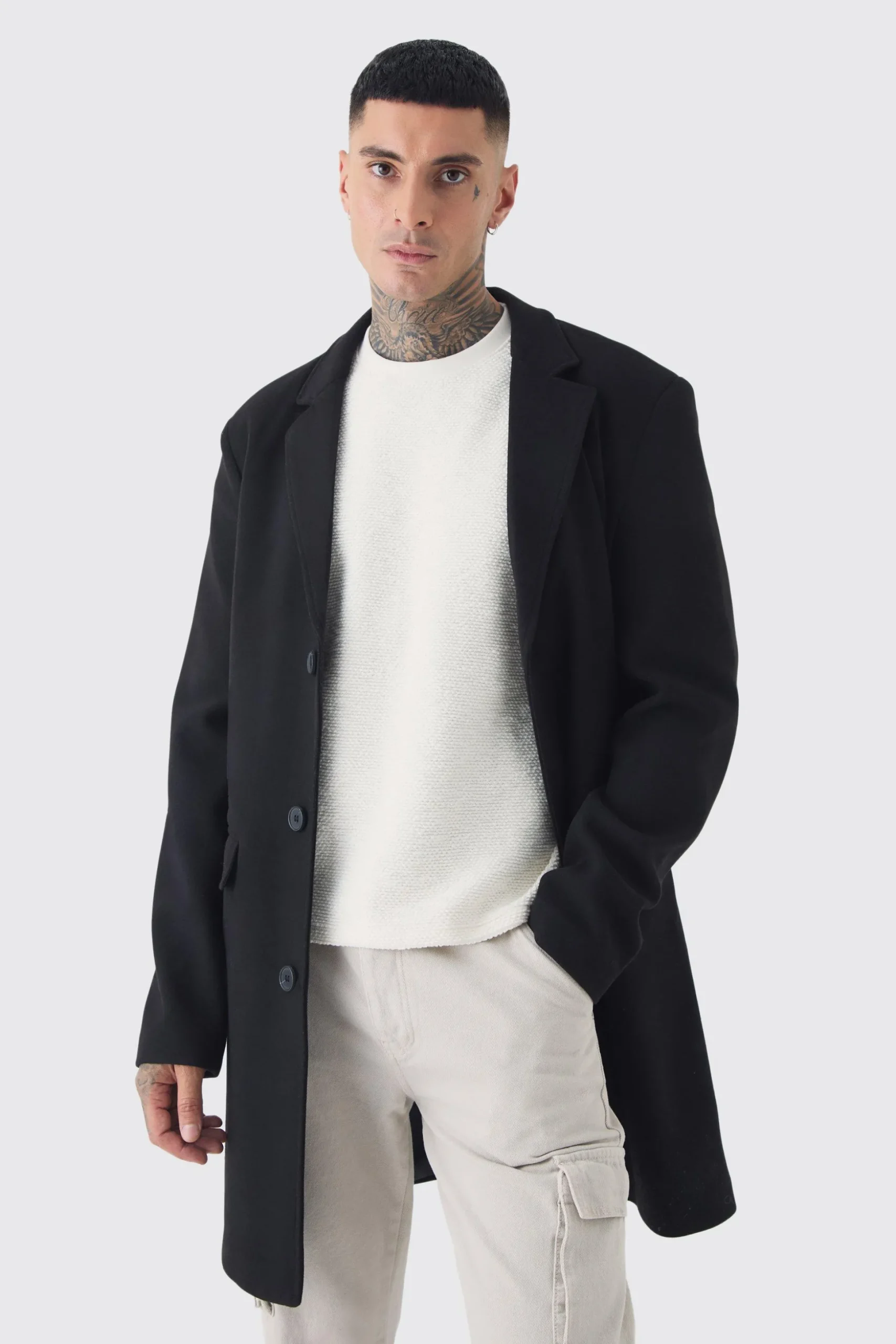 Tall Single Breasted Wool Look Overcoat In Black | BoohooMAN UK