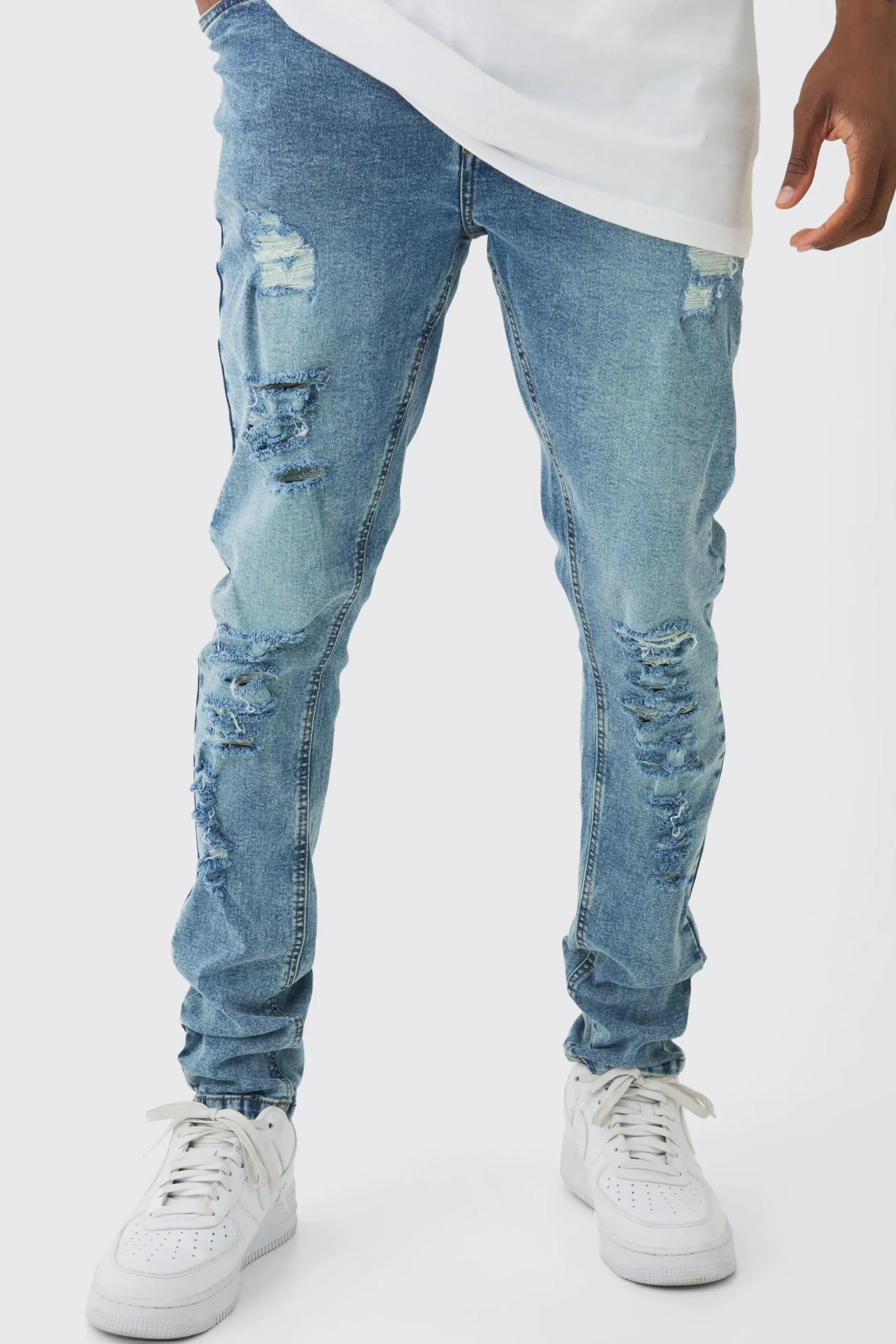 Tall Skinny Jeans With All Over Rips | BoohooMAN UK