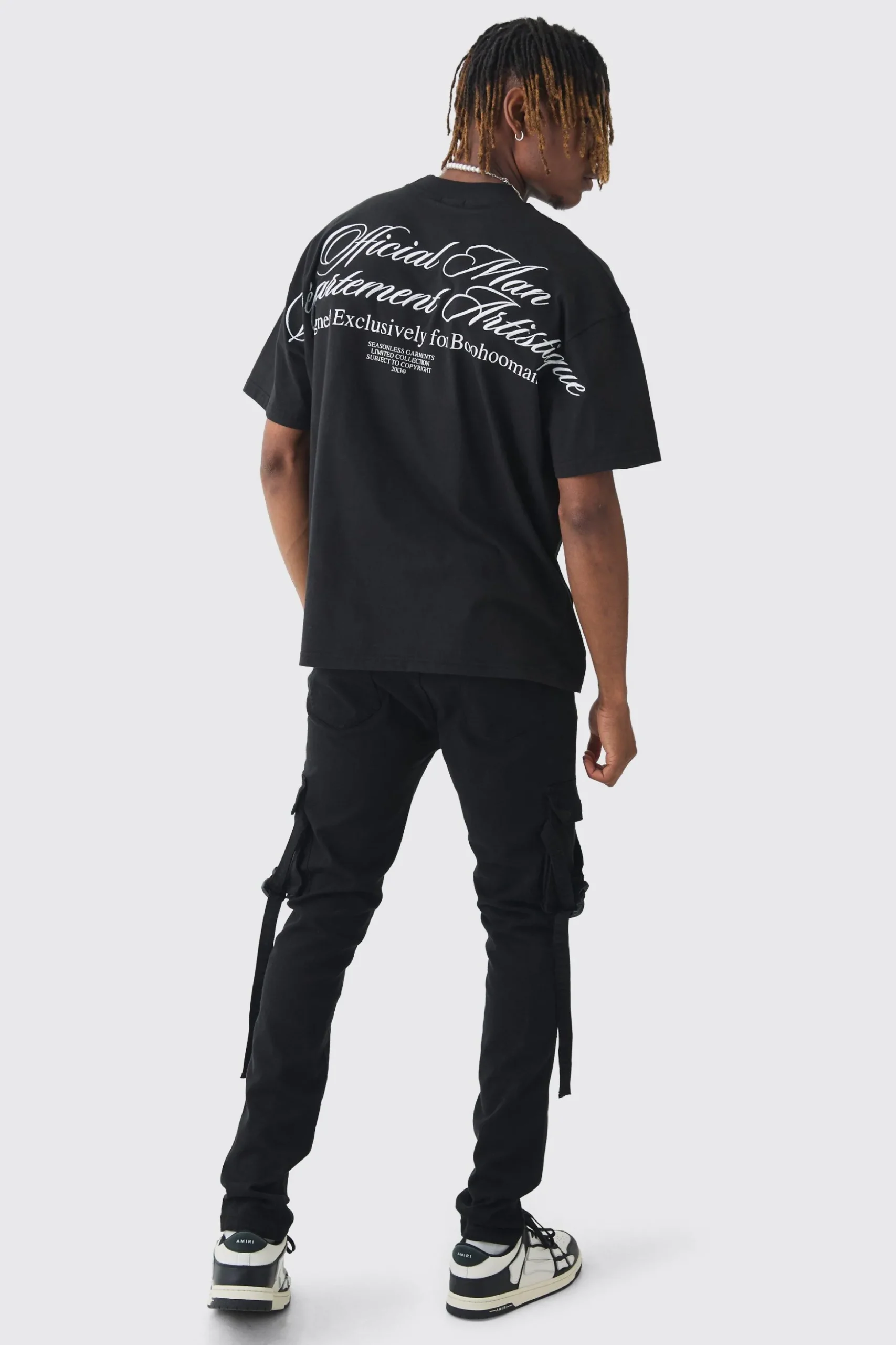 Tall Skinny Overdyed Strap Detail Cargo Trouser In Black | BoohooMAN UK