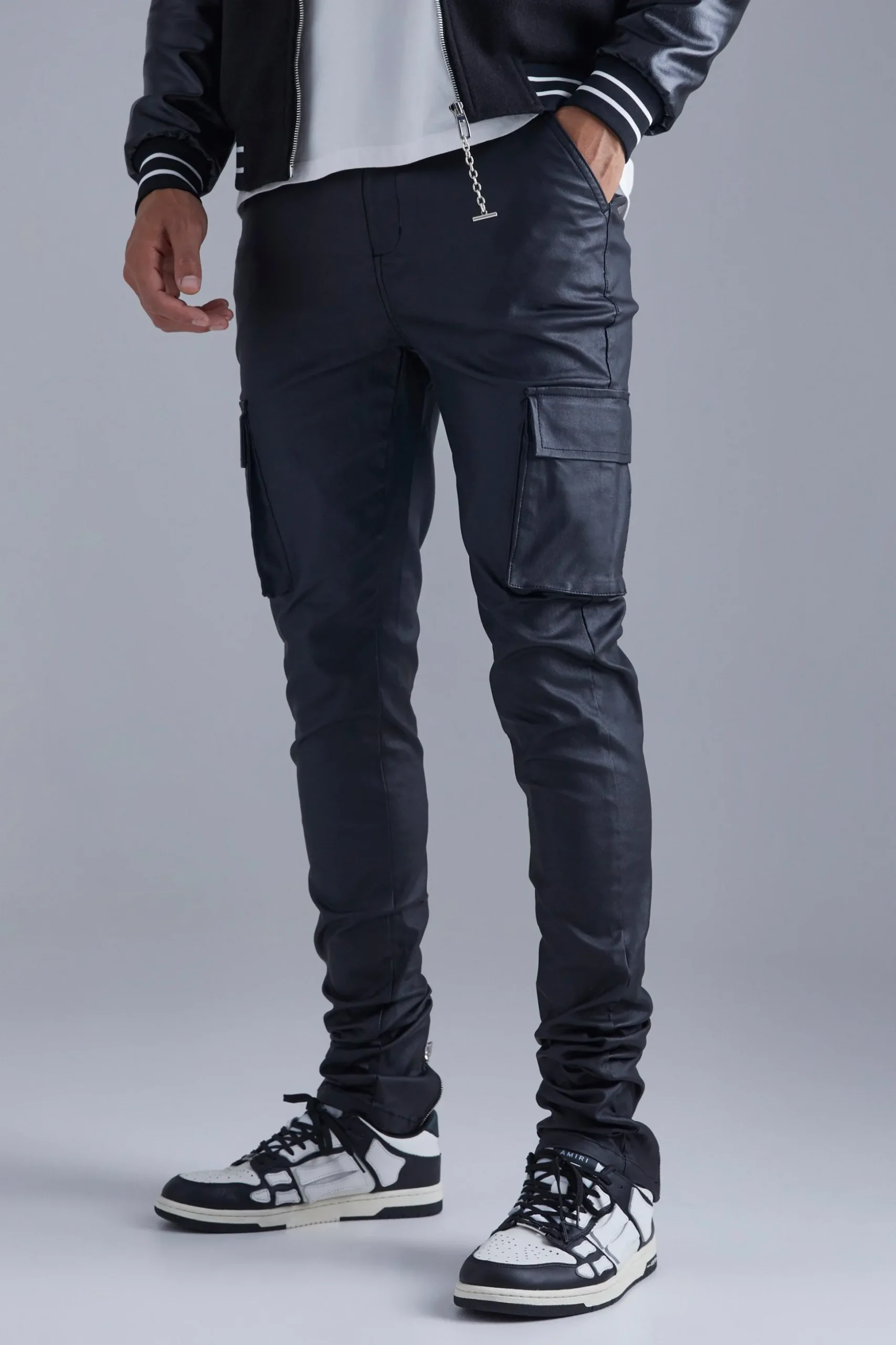 Tall Skinny Stacked Coated Twill Cargo Trouser | BoohooMAN UK