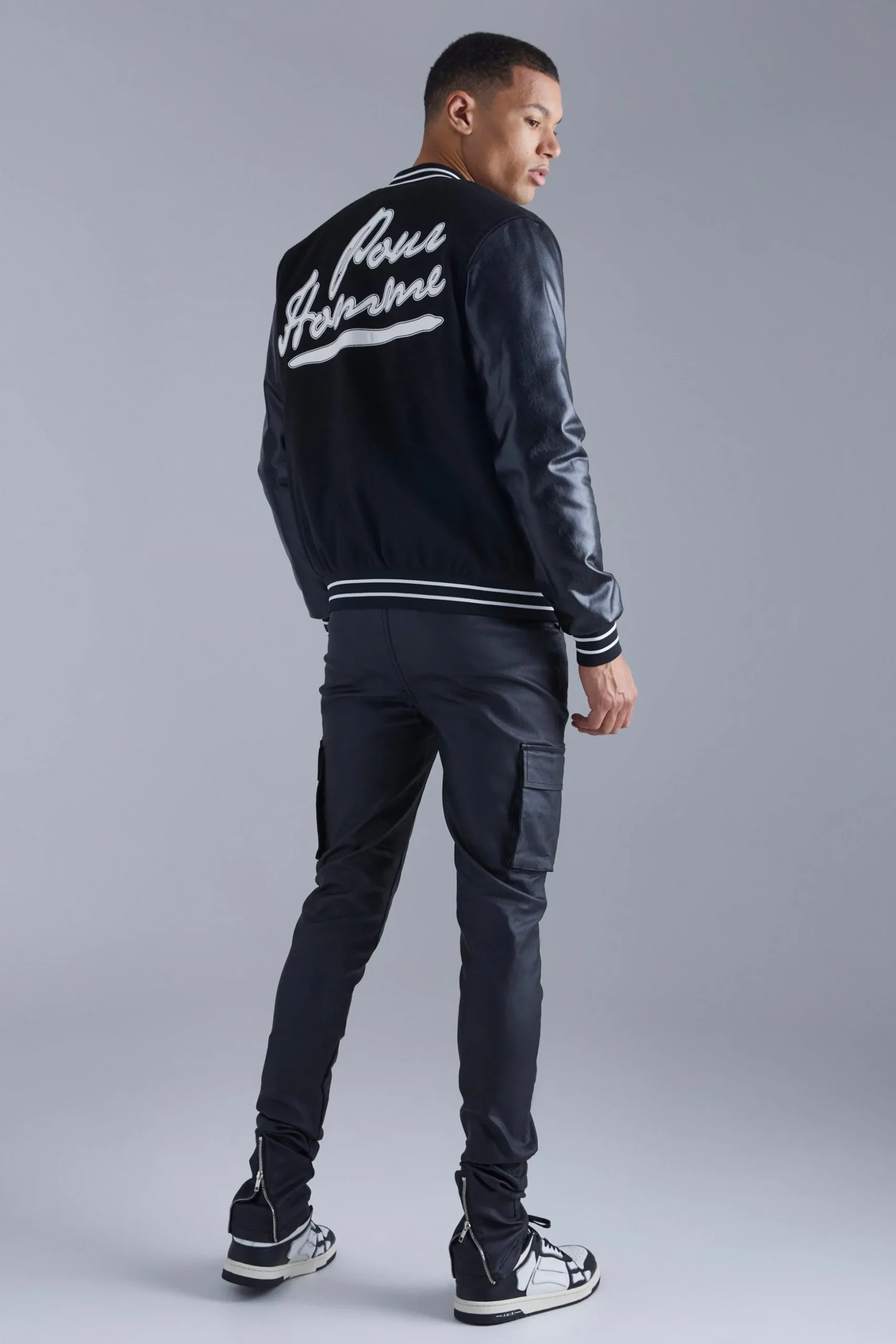 Tall Skinny Stacked Coated Twill Cargo Trouser | BoohooMAN UK