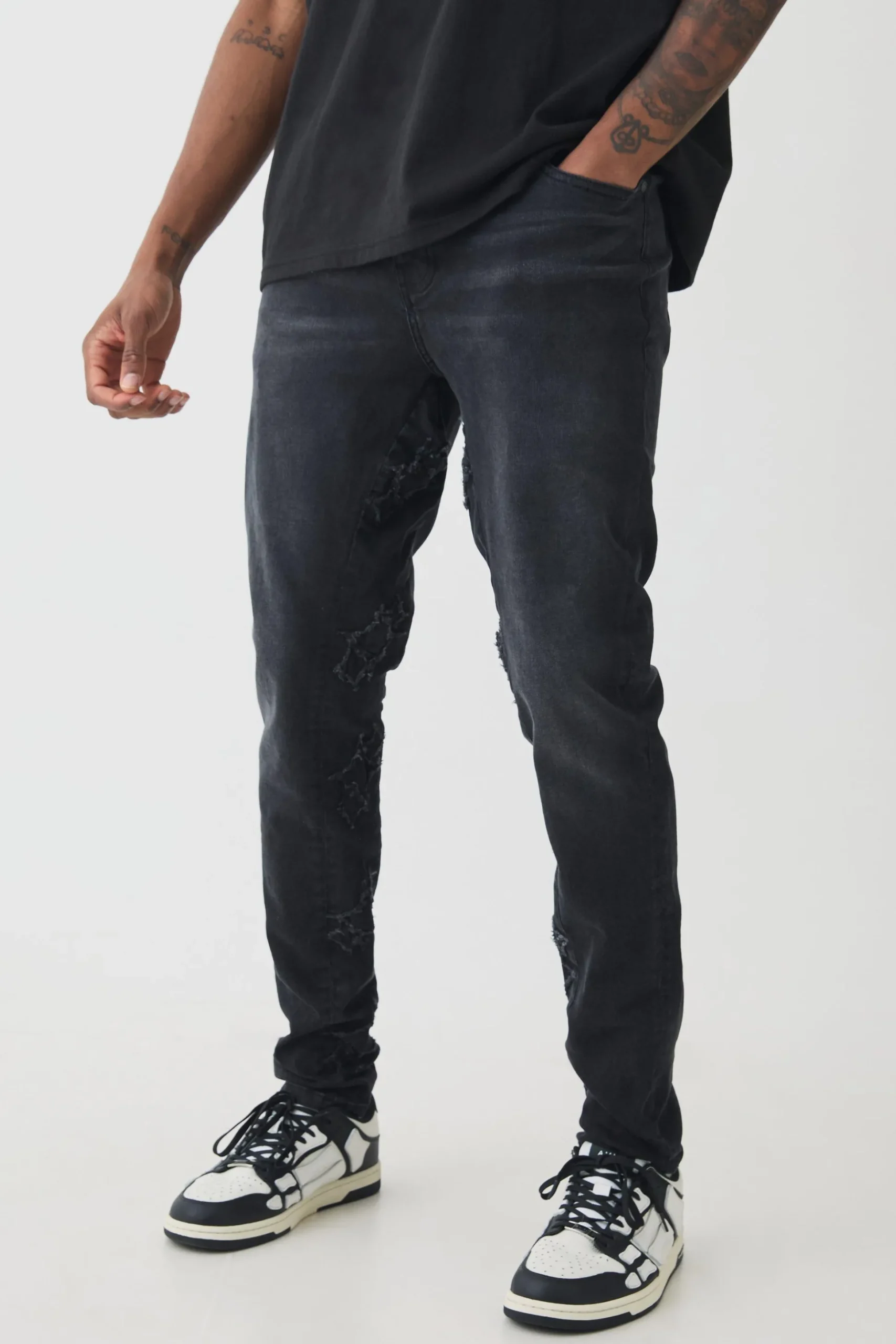 Tall Skinny Stretch Applique Gusset Jeans | BoohooMAN UK