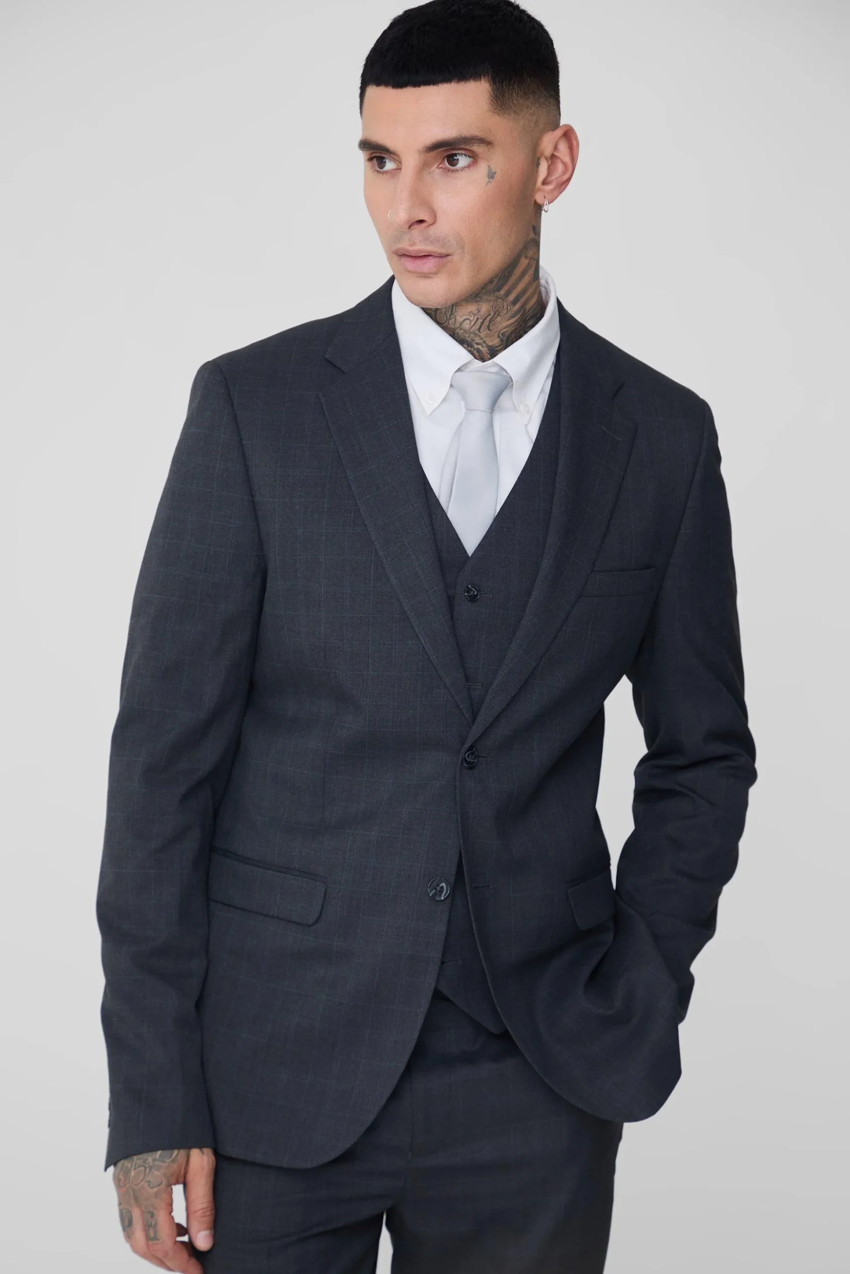 Tall Slim Fit Charcoal Check Suit In Charcoal | BoohooMAN UK