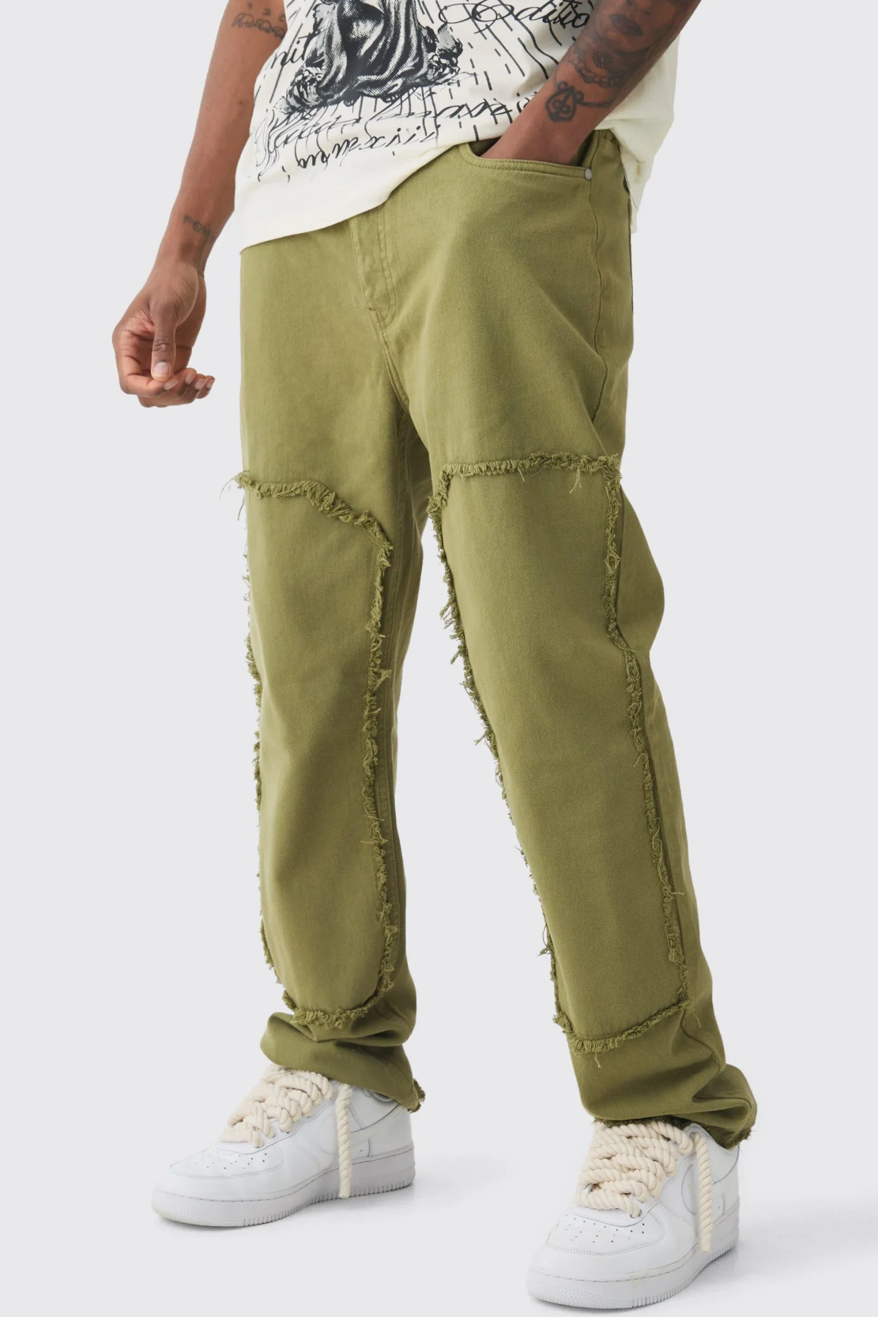 Tall Slim Leg Overdyed Carpenter Trouser In Khaki | BoohooMAN UK