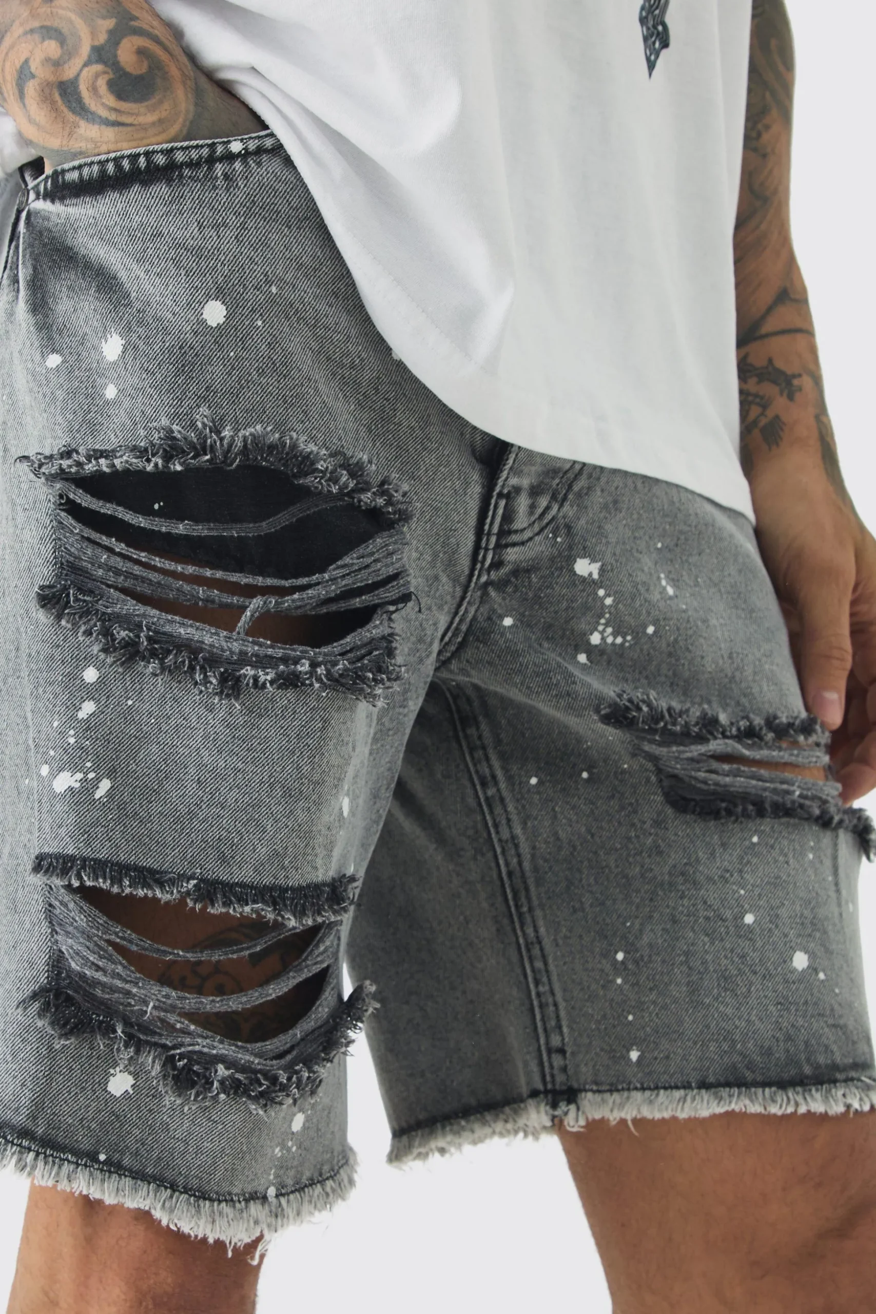 Tall Slim Rigid Ripped Paint Splatter Denim Shorts In Ice Grey | BoohooMAN UK