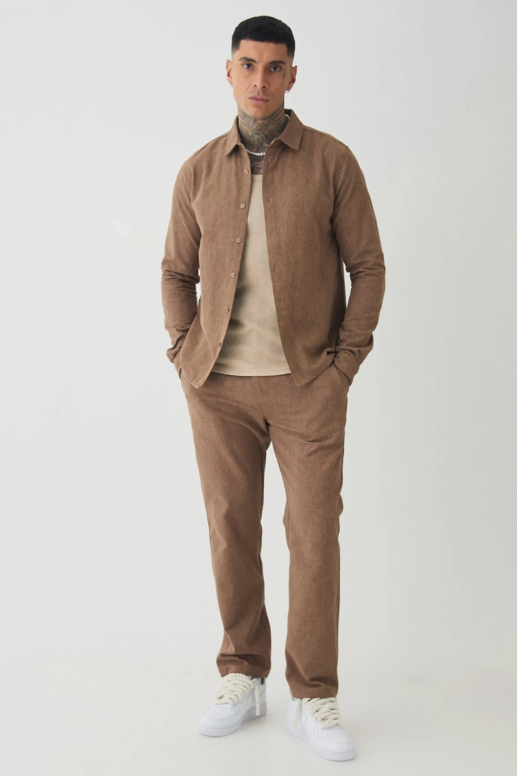 Tall Smart Shirt Set In Brown | BoohooMAN UK