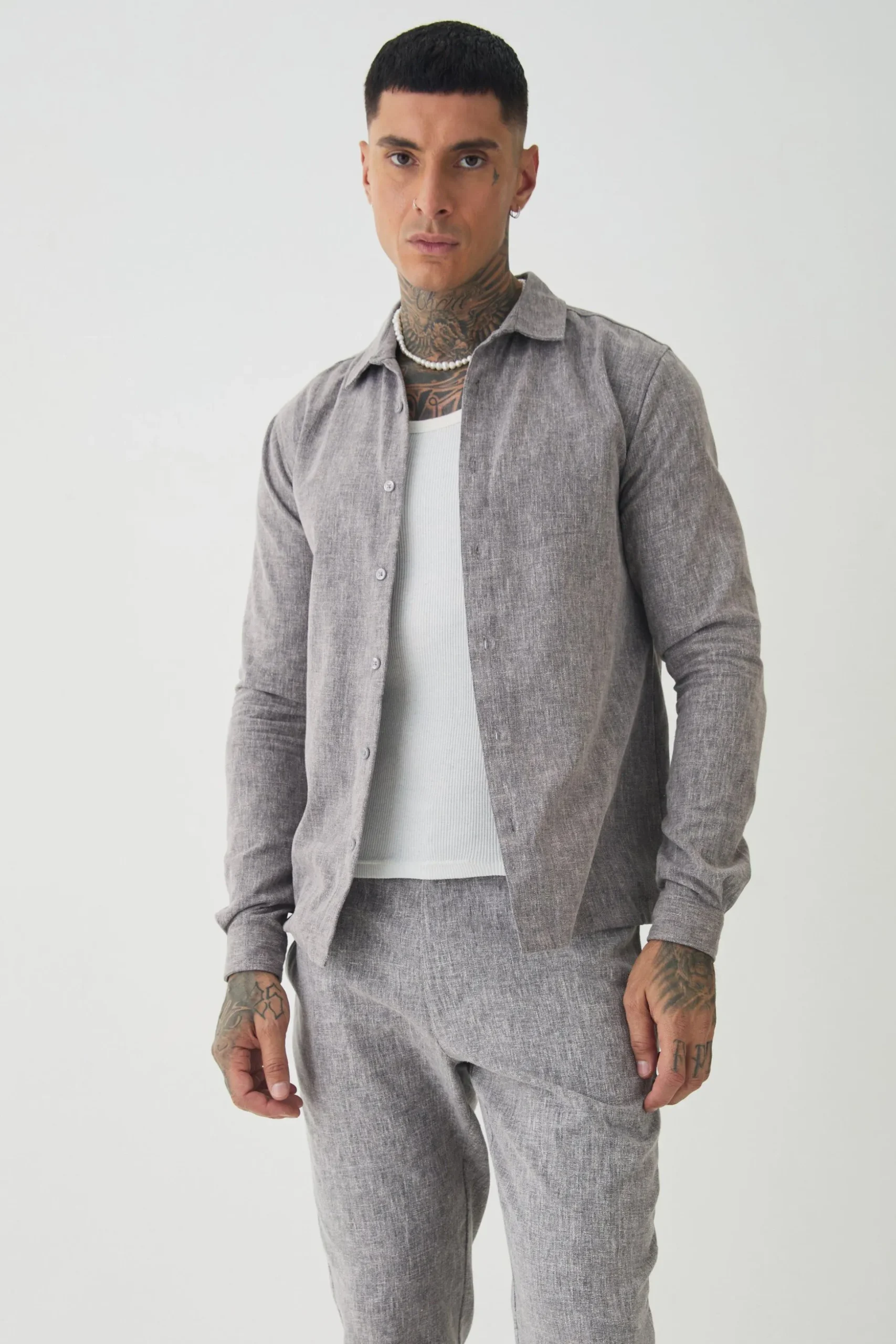 Tall Smart Shirt Set In Grey | BoohooMAN UK