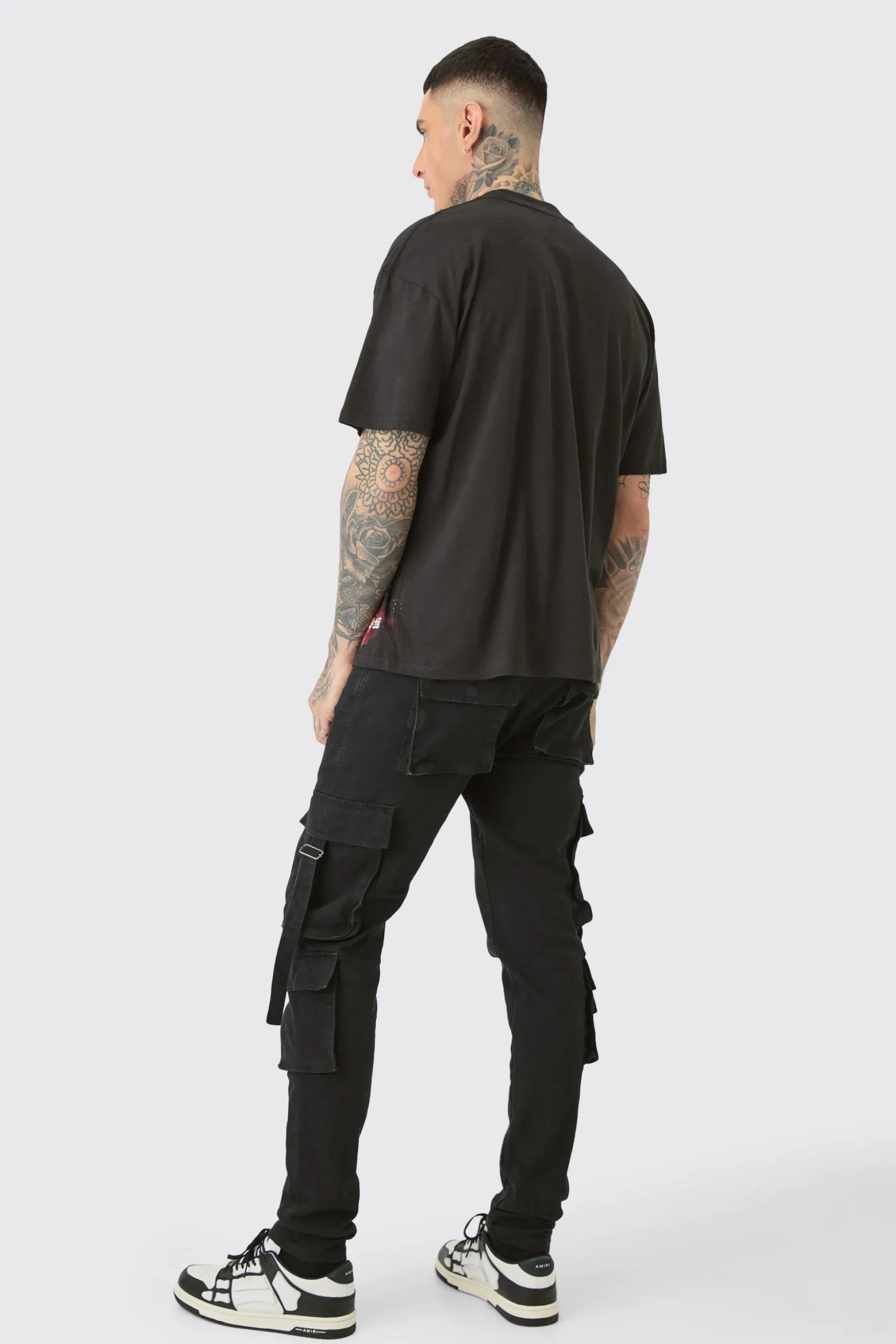Tall Stretch Skinny Cargo Pocket Detail Jean In True Black | BoohooMAN UK