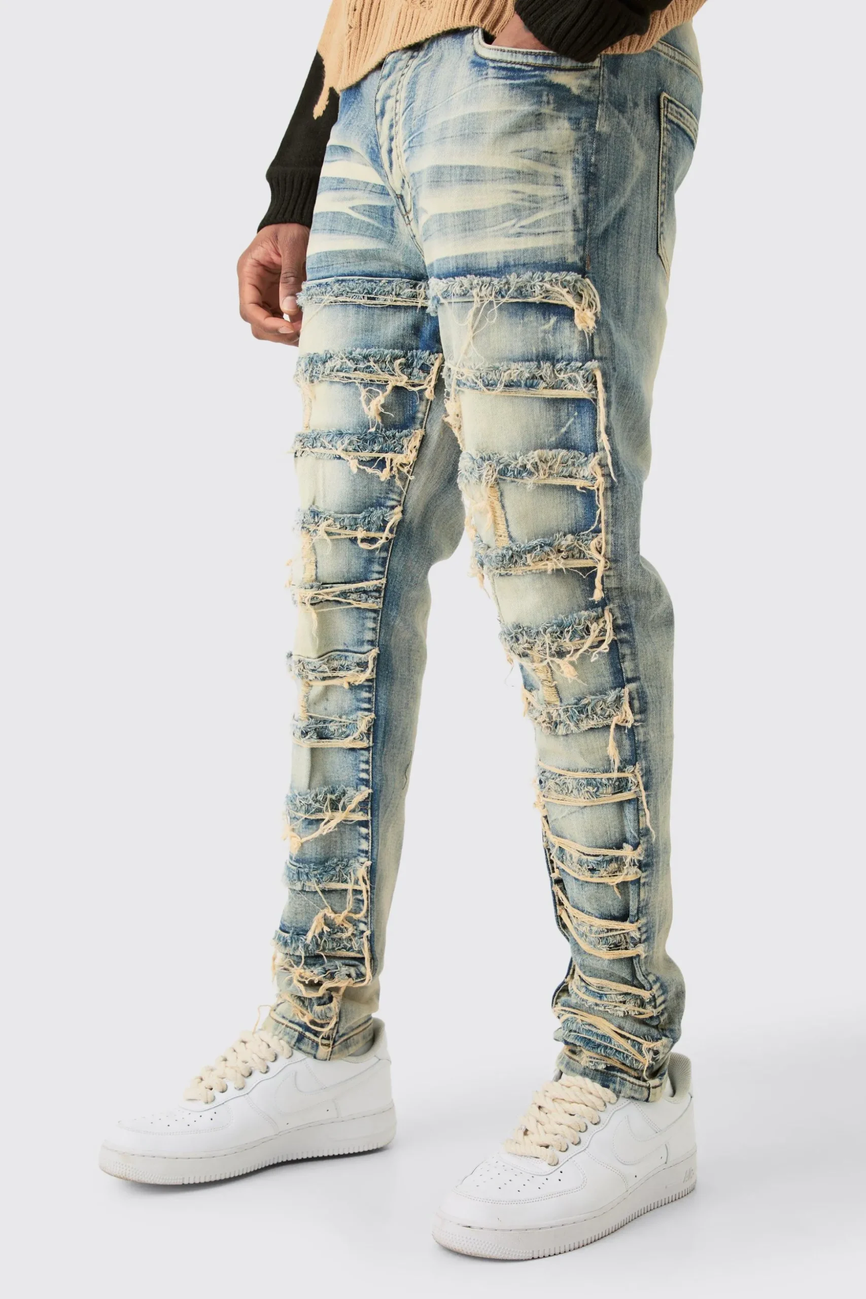 Tall Stretch Skinny Rip And Repair Jean | BoohooMAN UK