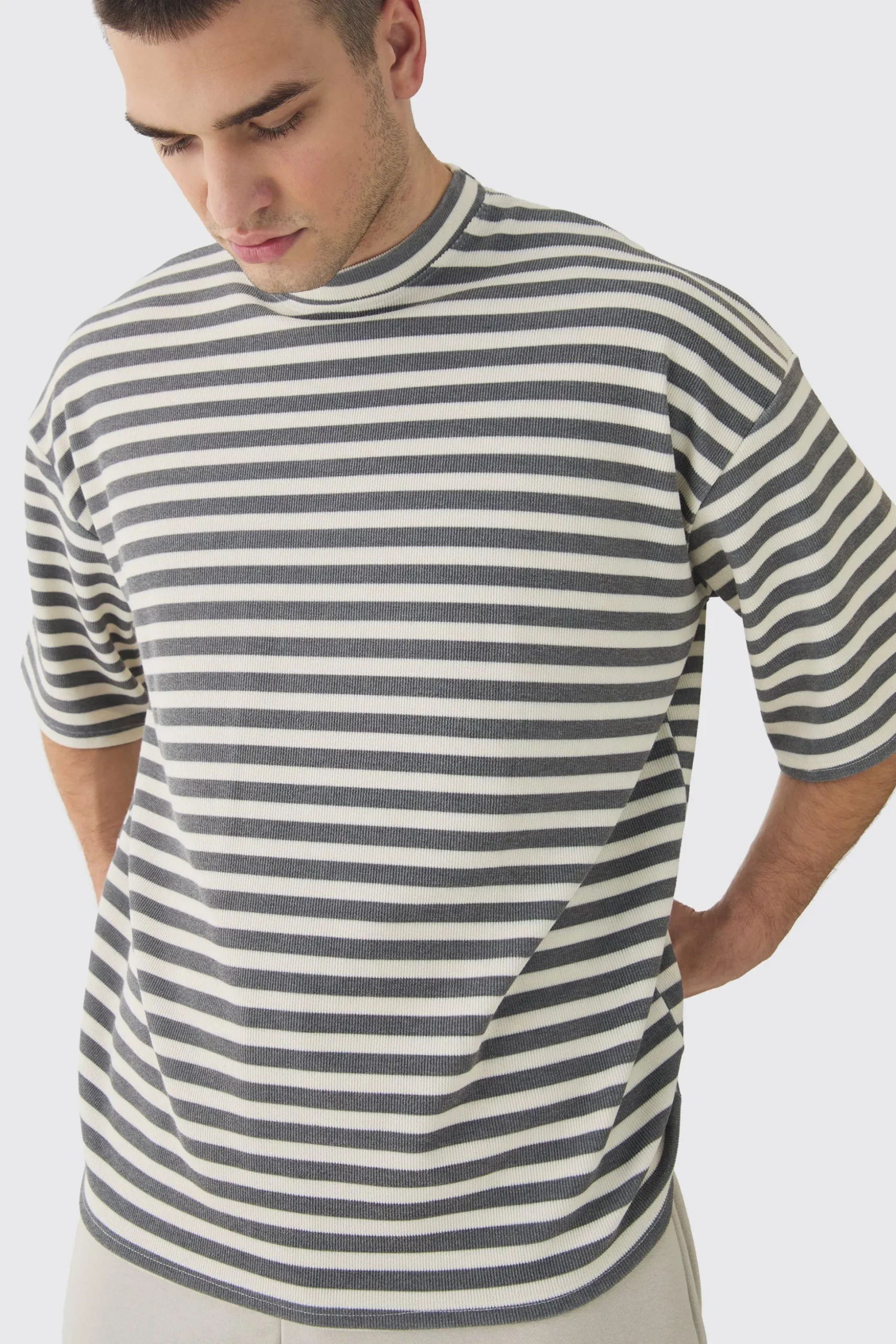 Tall Stripe Compact Rib Boxy Oversized T-Shirt | BoohooMAN UK