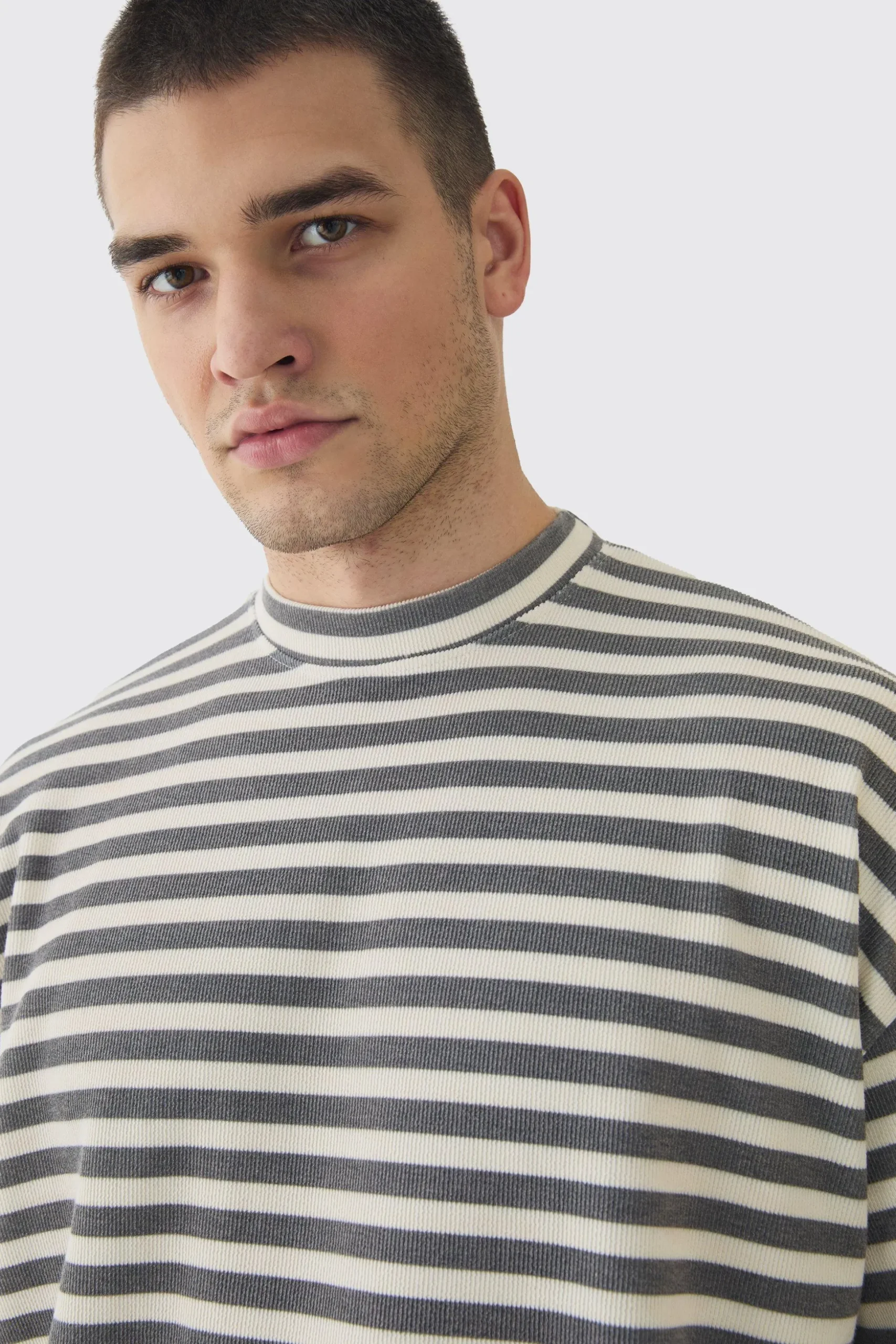 Tall Stripe Compact Rib Boxy Oversized T-Shirt | BoohooMAN UK