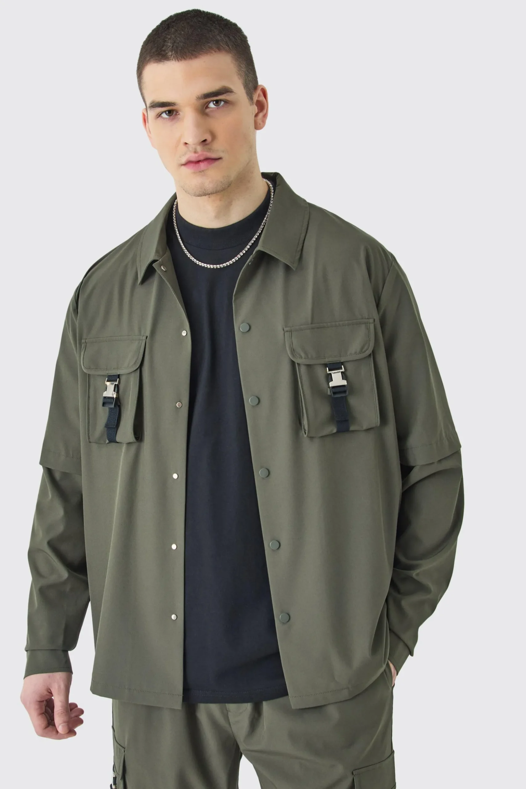 Tall Technical Stretch Harrington Utility Jacket | BoohooMAN UK