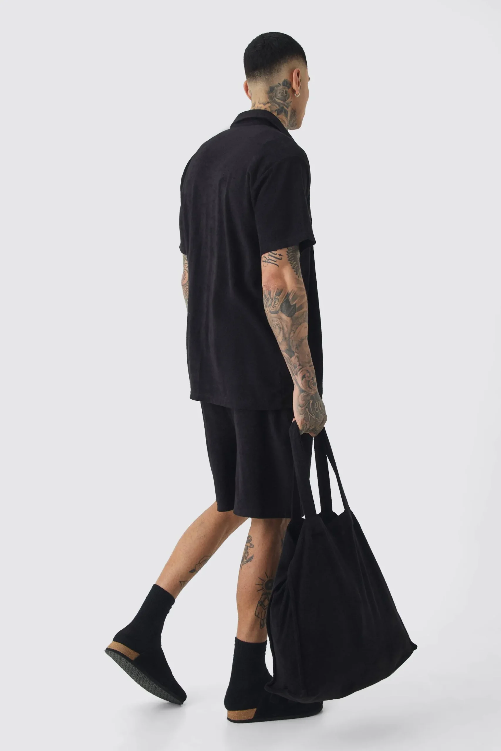 Tall Towelling Overshirt Shirt Short & Tote Set Black | BoohooMAN UK