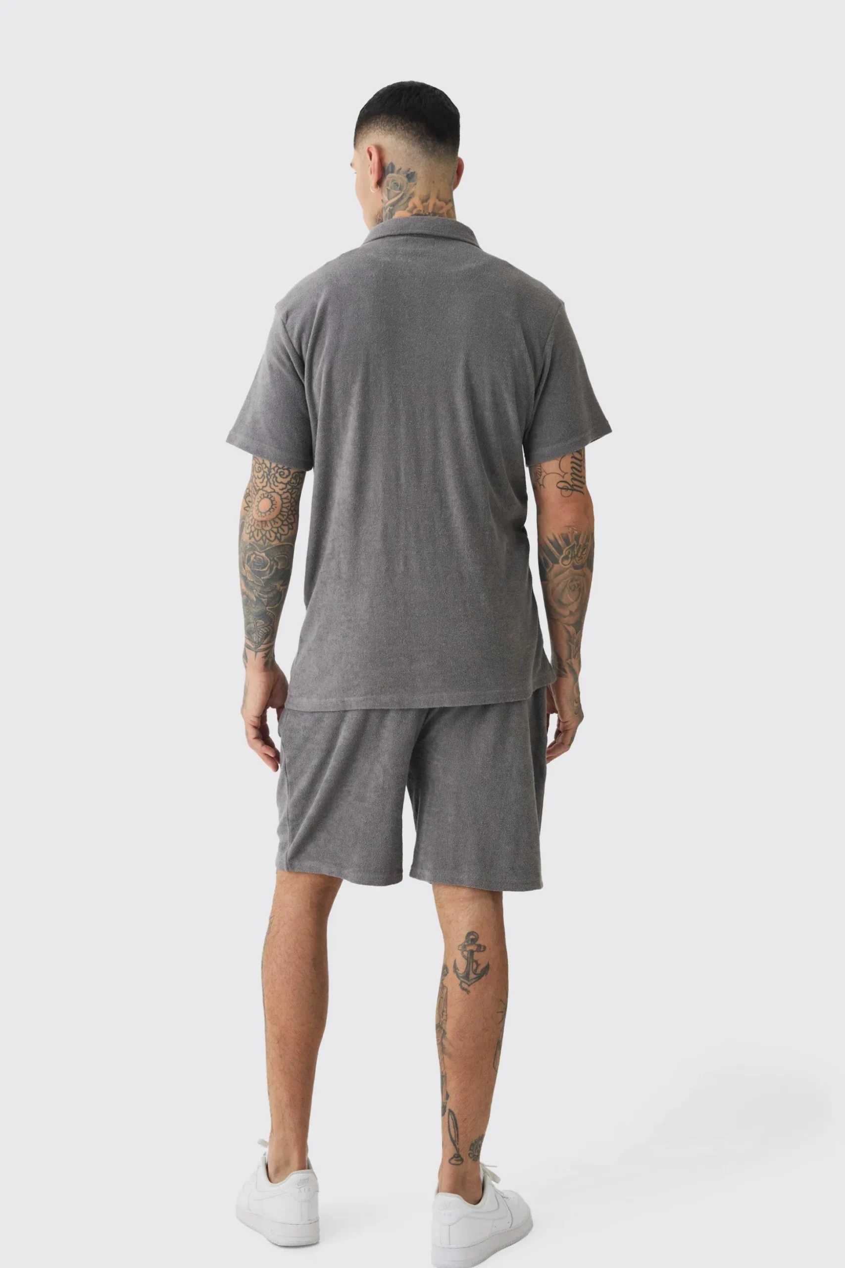 Tall Towelling Shirt Shirt & Short Set In Grey | BoohooMAN UK