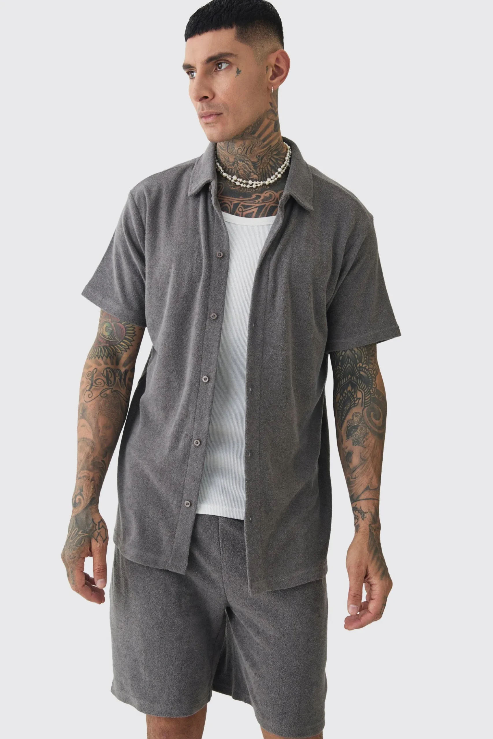 Tall Towelling Shirt Shirt & Short Set In Grey | BoohooMAN UK