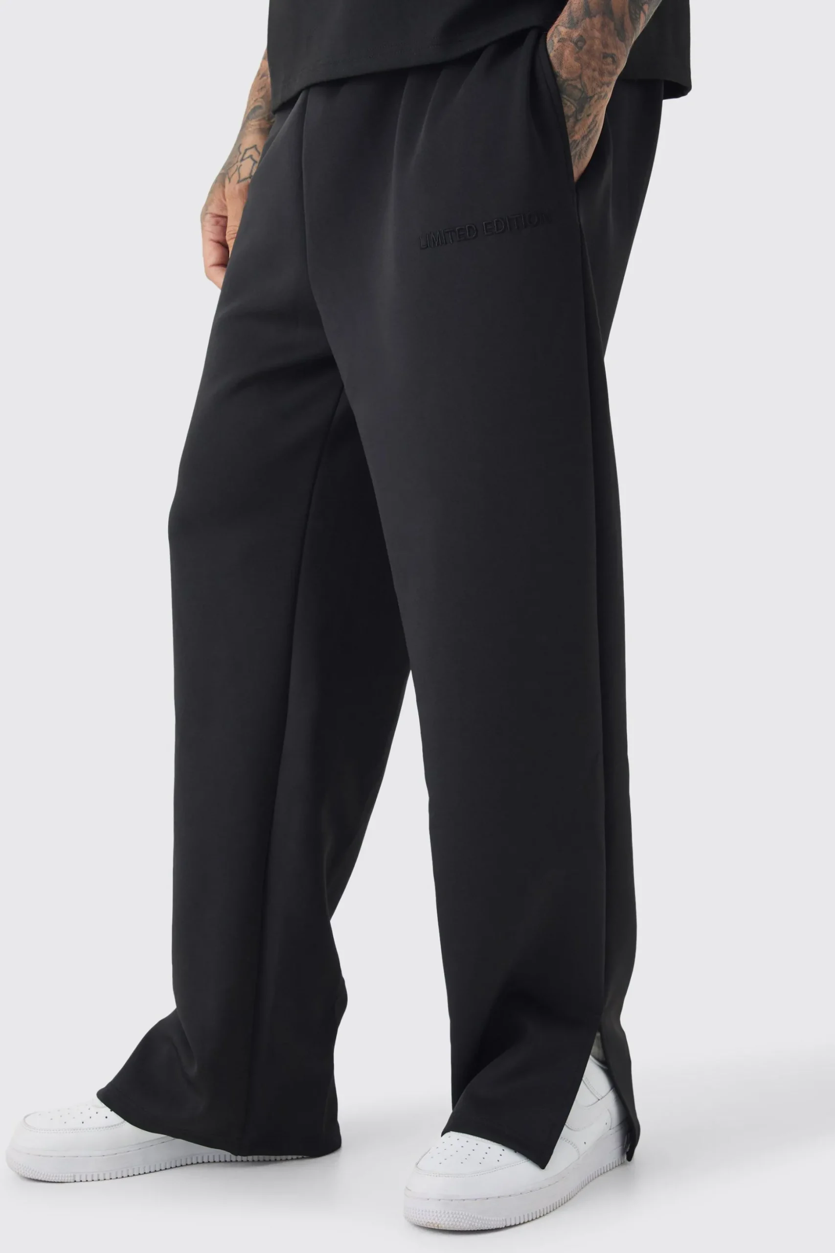 Tall Tricot Embroidered Split Hem Relaxed Fit Trousers | BoohooMAN UK