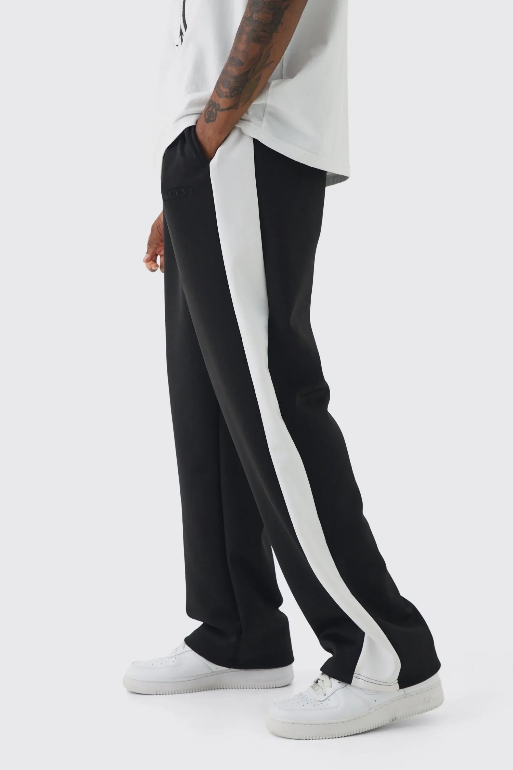 Tall Tricot Side Panel Embroidered Relaxed Fit Trousers | BoohooMAN UK