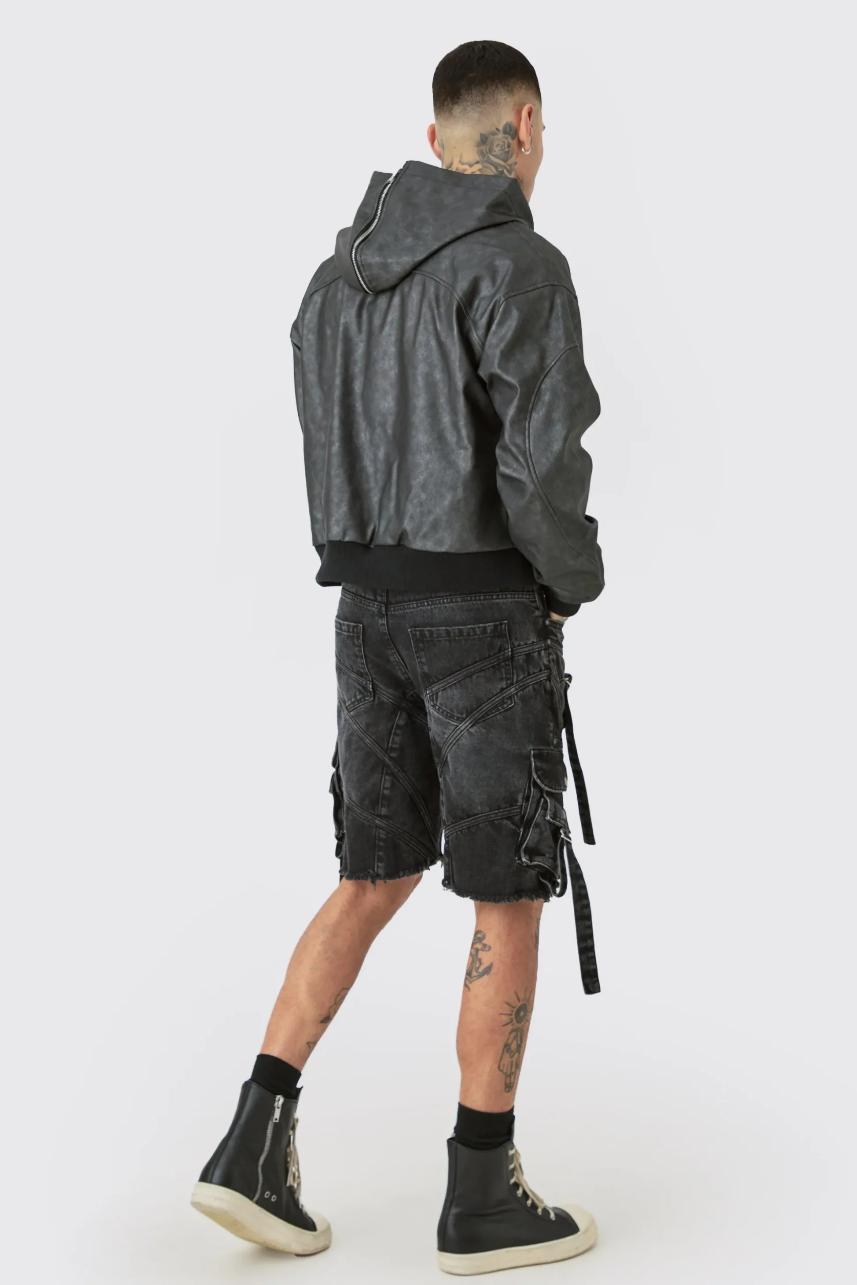 Tall Washed Pu Hooded Bomber | BoohooMAN UK
