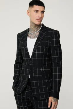 Tall Window Pane Check Skinny Fit Blazer | BoohooMAN UK