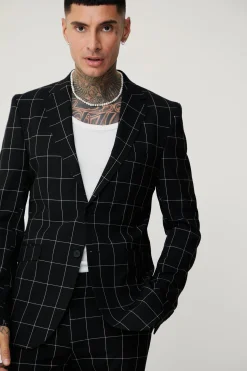 Tall Window Pane Check Skinny Fit Suit | BoohooMAN UK