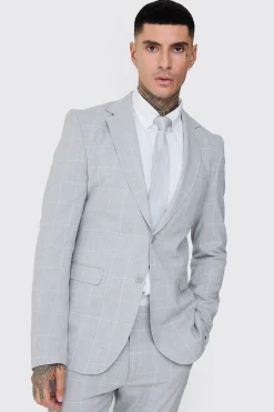 Tall Window Pane Check Skinny Fit Suit In Light Grey | BoohooMAN UK