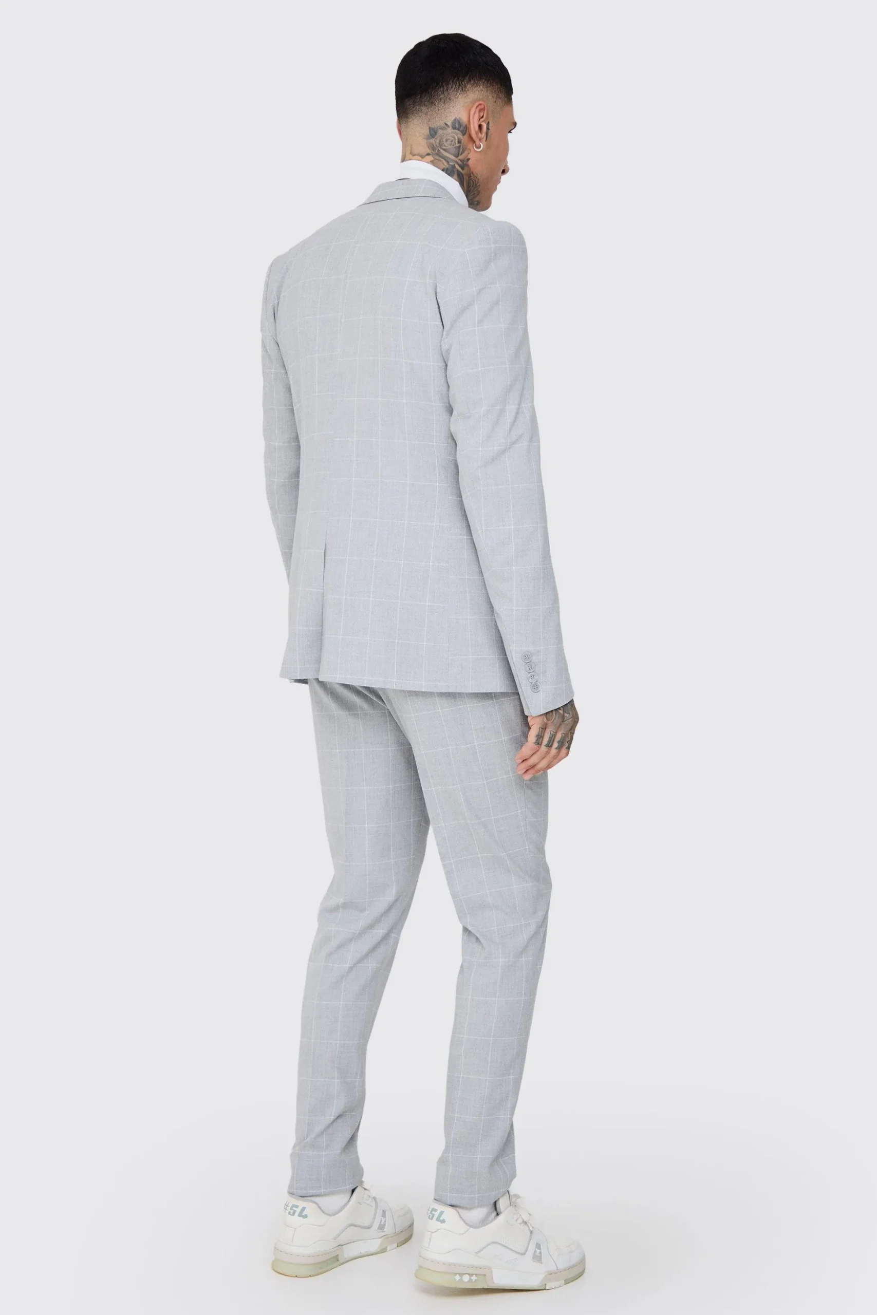 Tall Window Pane Check Skinny Fit Suit In Light Grey | BoohooMAN UK