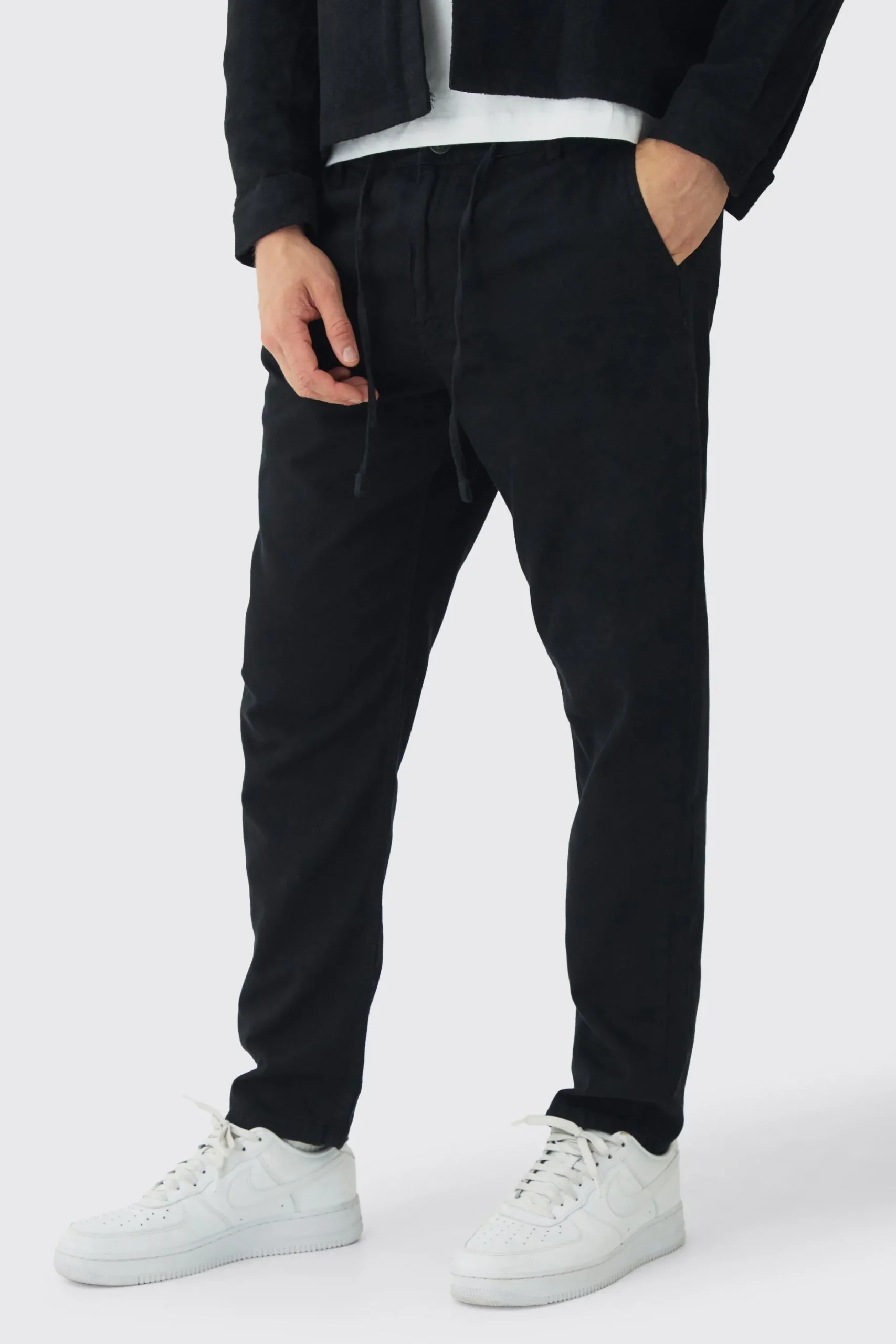 Tapered Chinos With Drawcords In Black | BoohooMAN UK