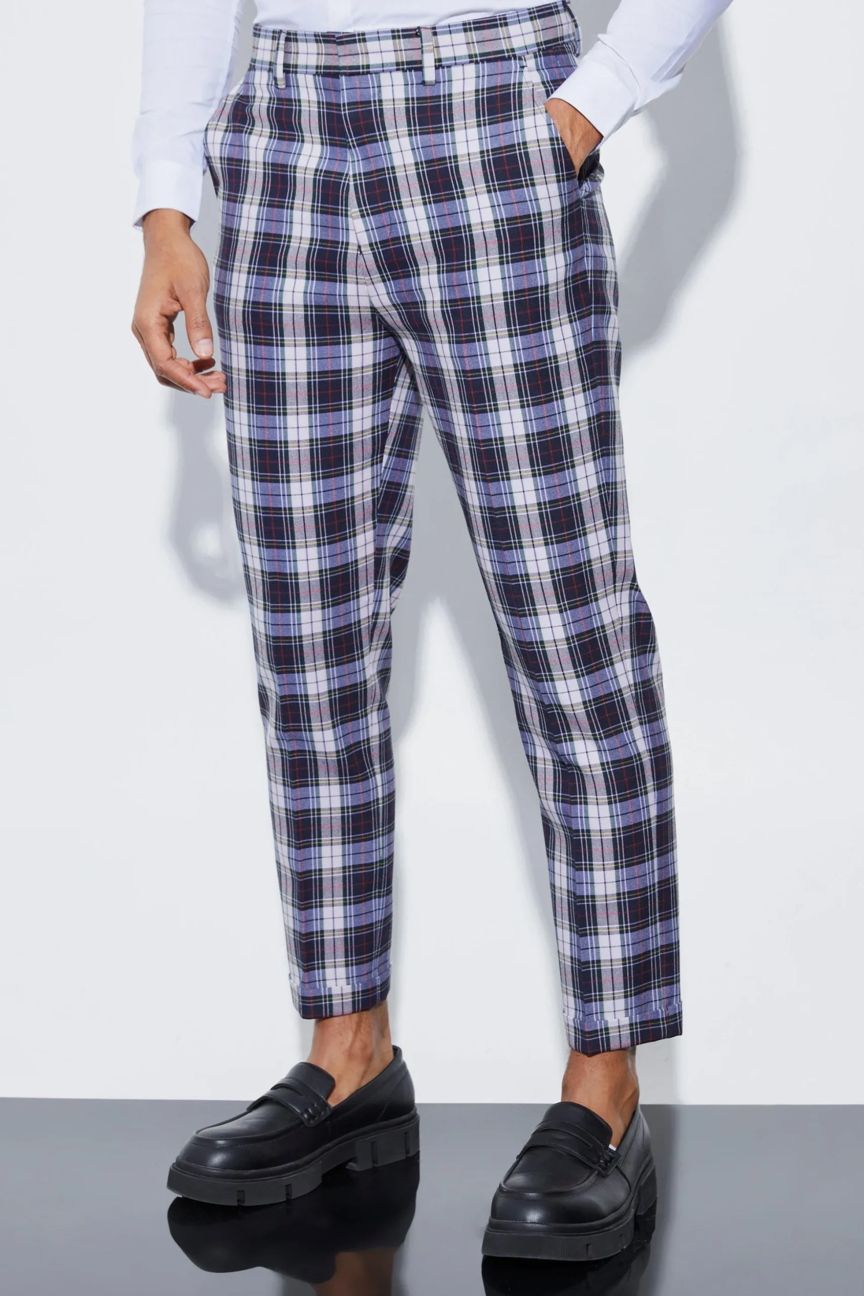 Tapered Tartan Turn Up Hem Trousers | BoohooMAN UK