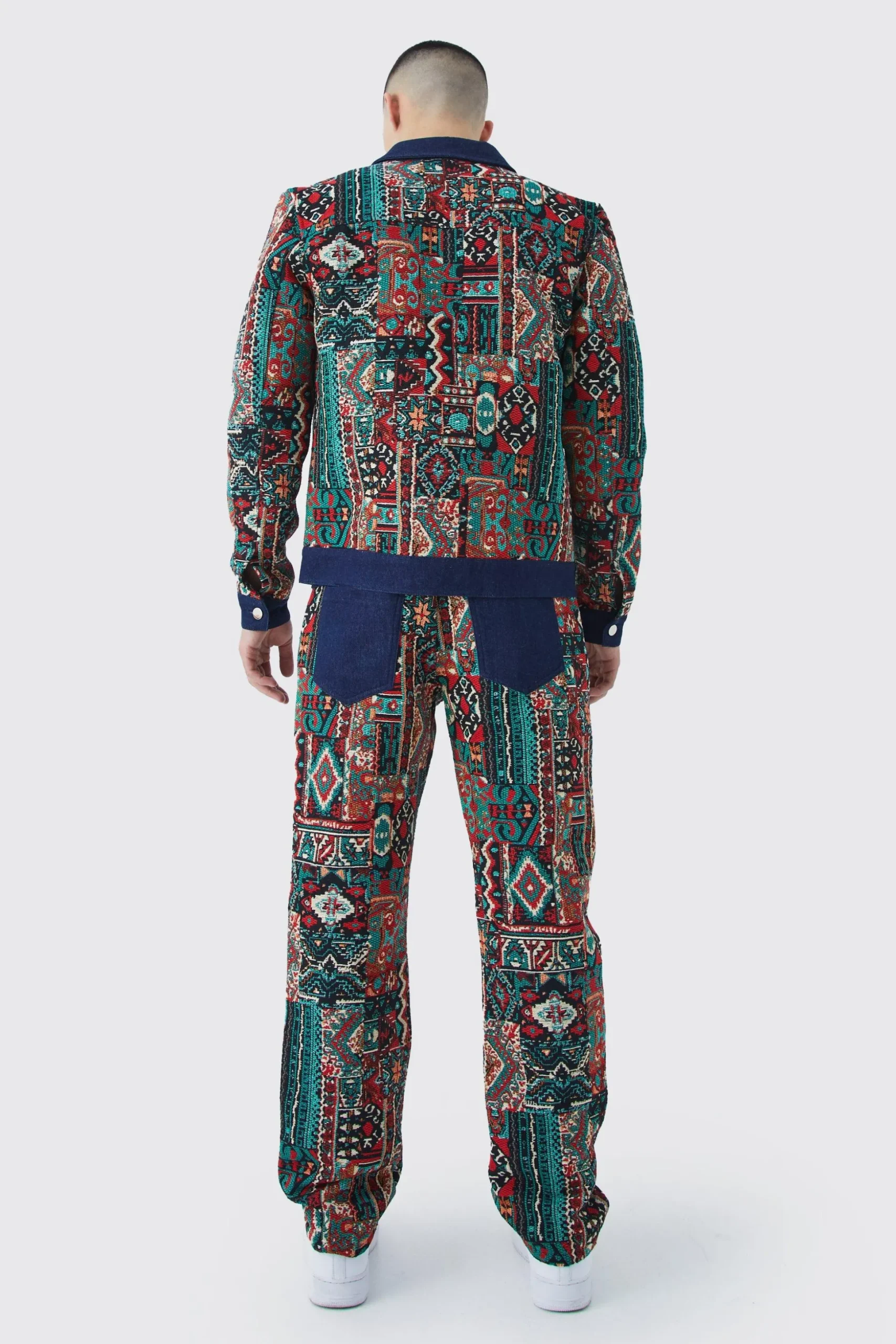 Tapestry Denim Jacket And Jeans Set | BoohooMAN UK