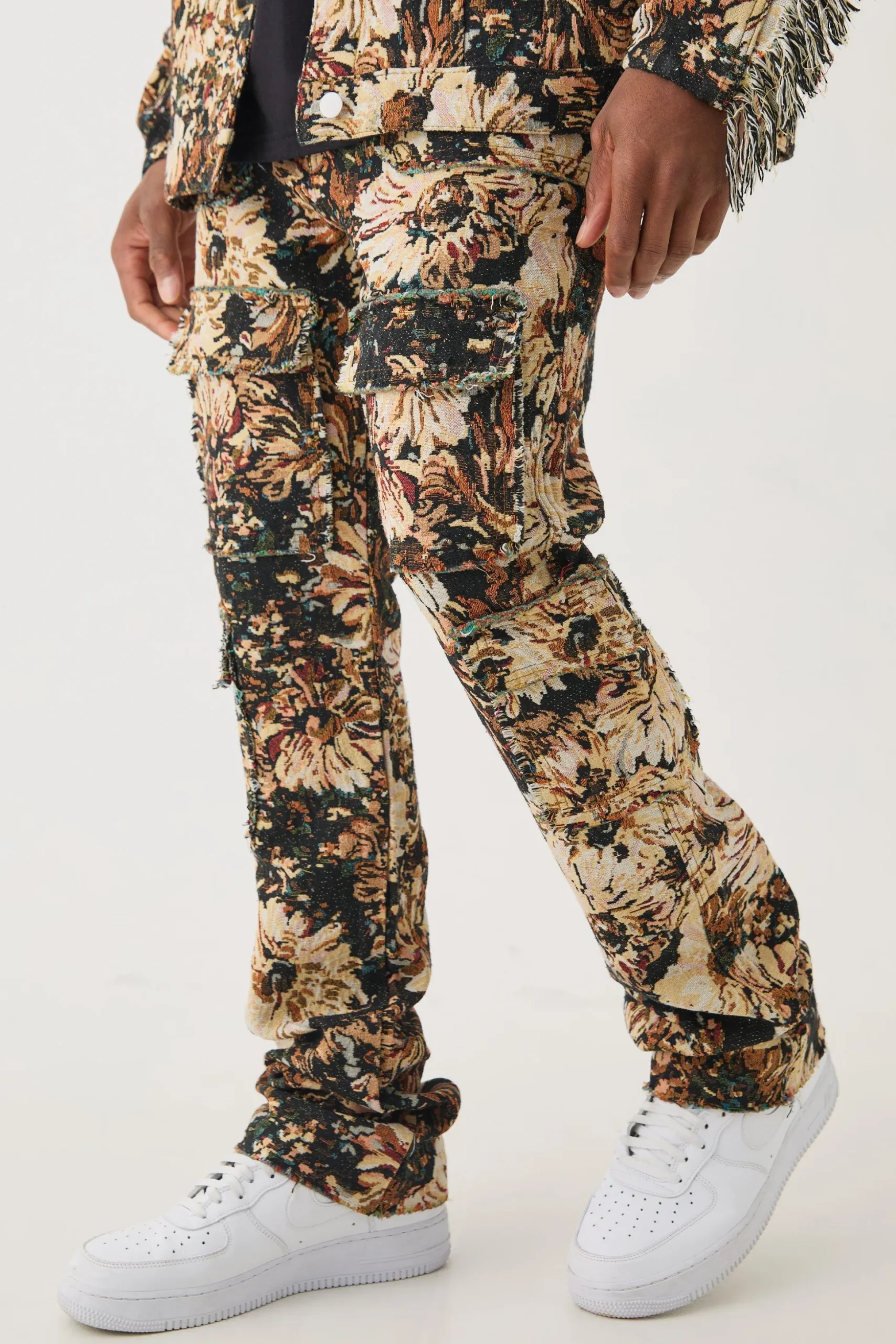 Tapestry Stacked Flared Cargo Trousers | BoohooMAN UK