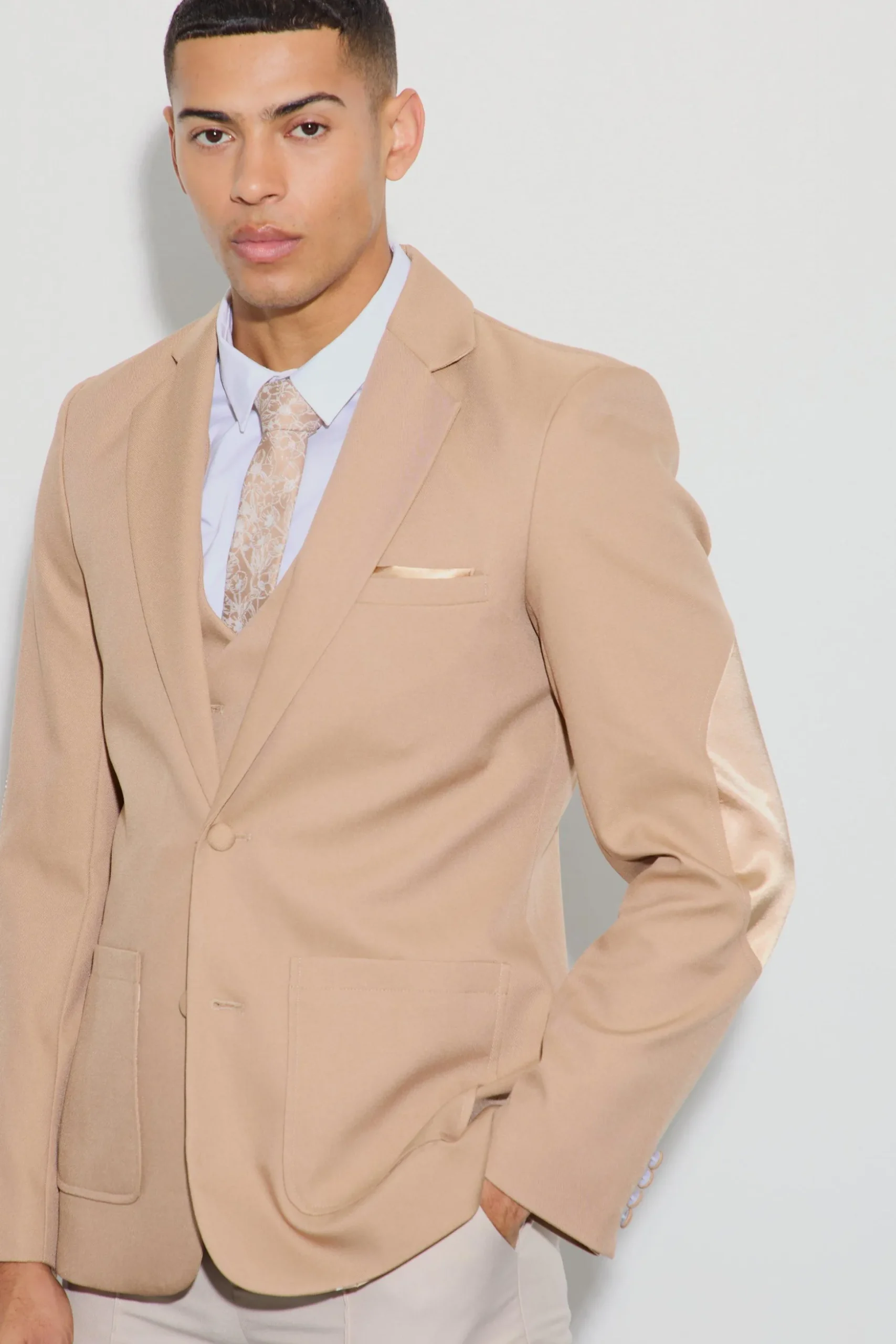 Textured Elbow Patch Slim Fit Blazer | BoohooMAN UK