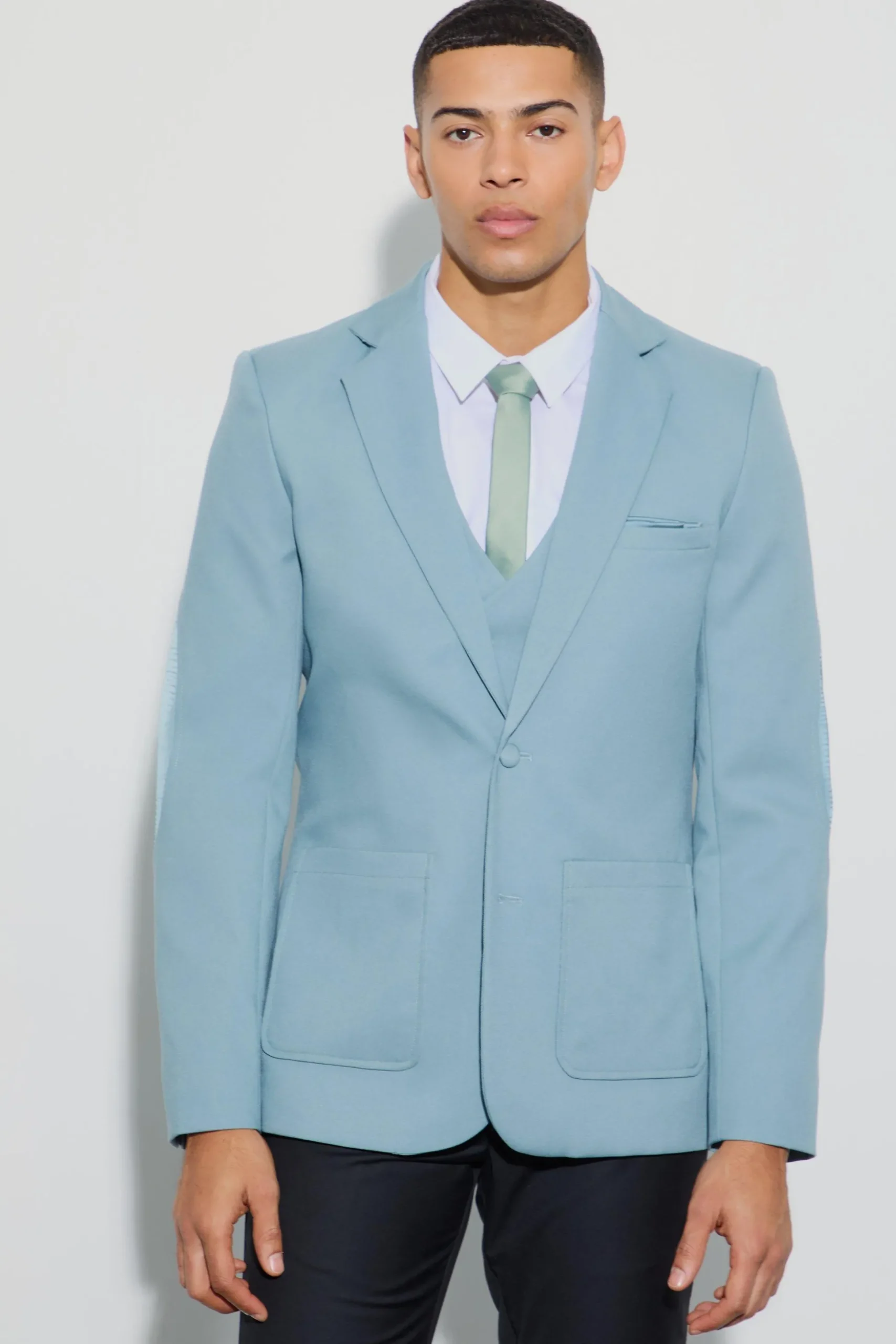 Textured Elbow Patch Slim Fit Blazer | BoohooMAN UK