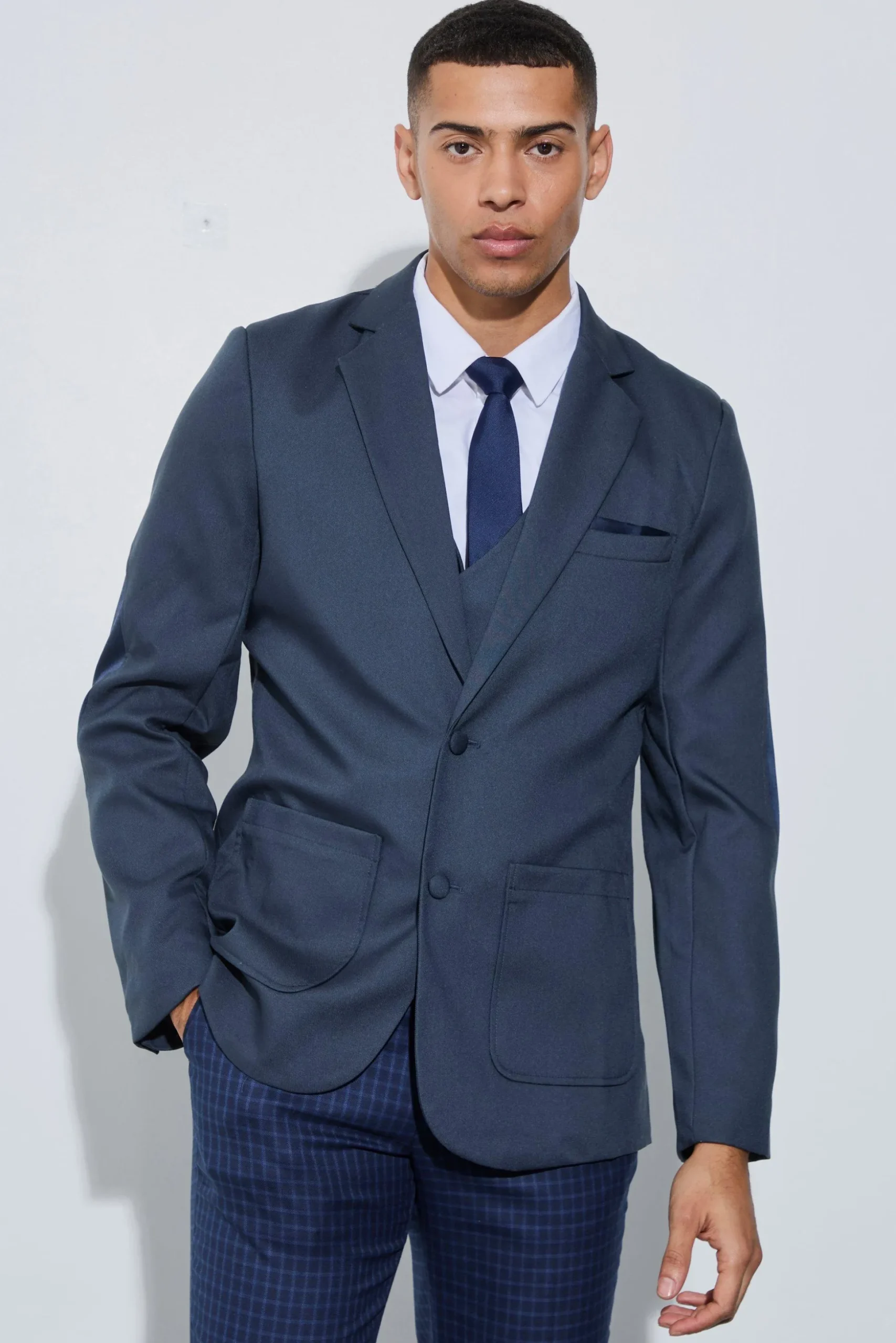 Textured Elbow Patch Slim Fit Blazer | BoohooMAN UK