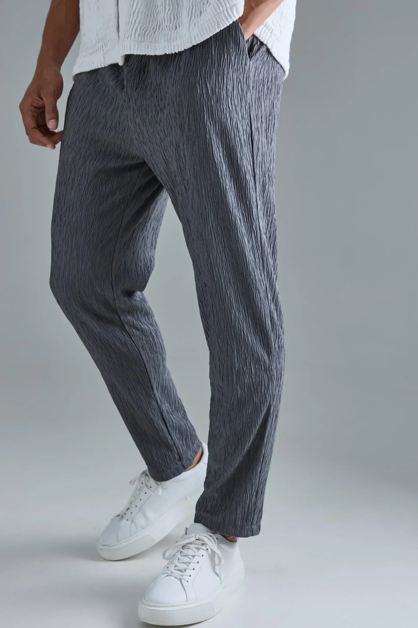 Textured Satin Elasticated Waist Tapered Trousers | BoohooMAN UK