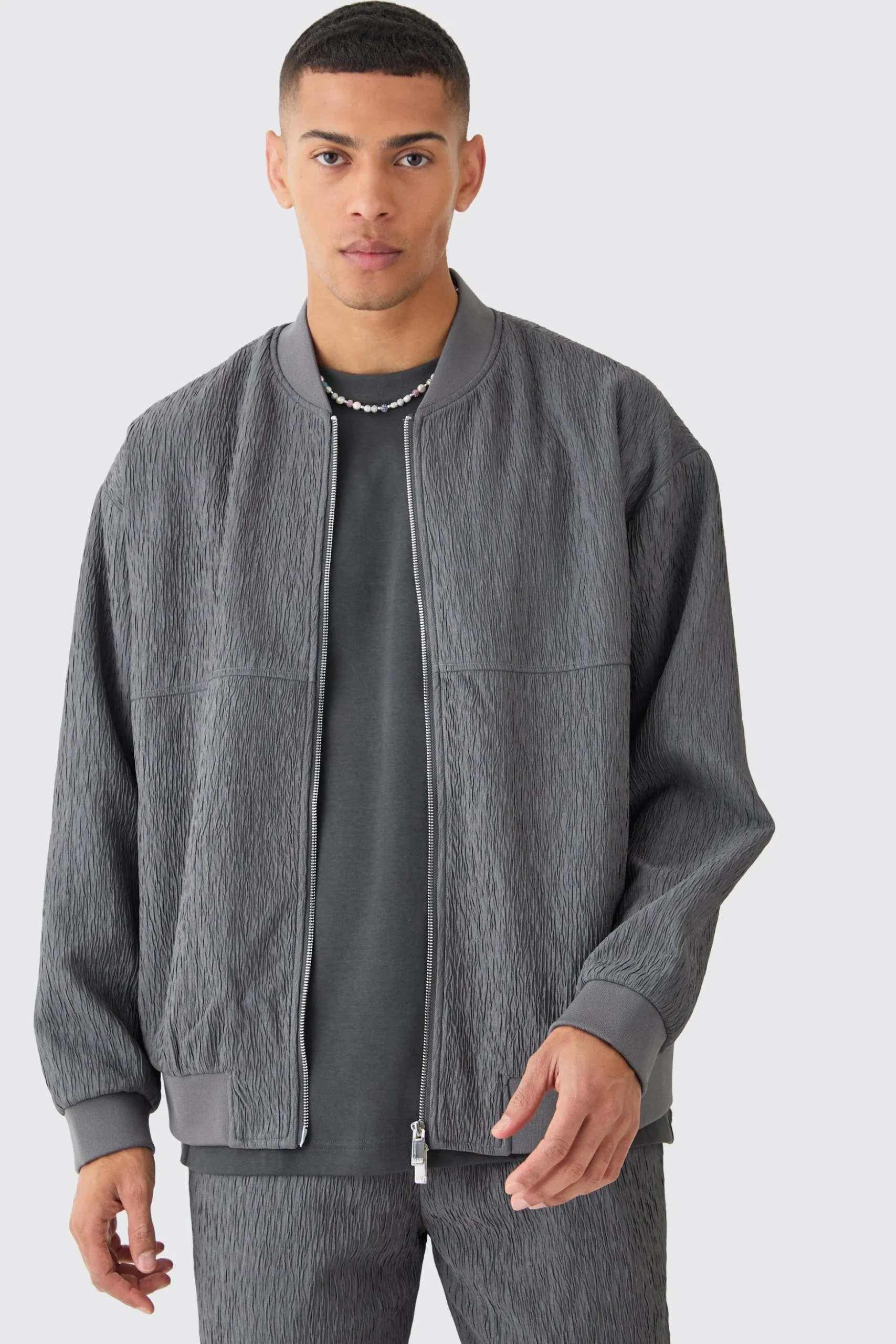 Textured Satin Oversized Bomber Jacket | BoohooMAN UK